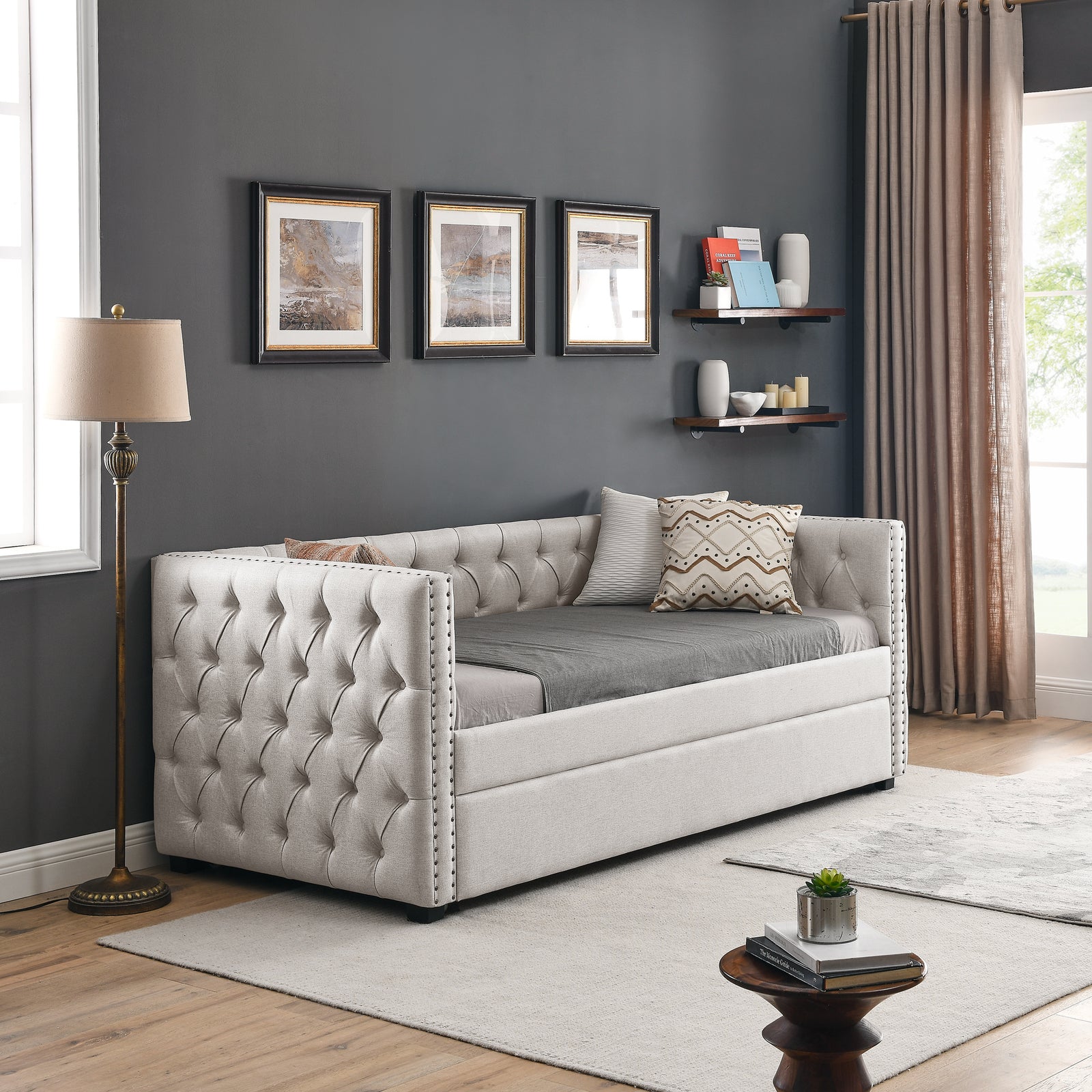 Daybed with Trundle Upholstered Tufted Sofa Bed, with Button and Copper Nail on Square Arms,both Twin Size, Beige(85