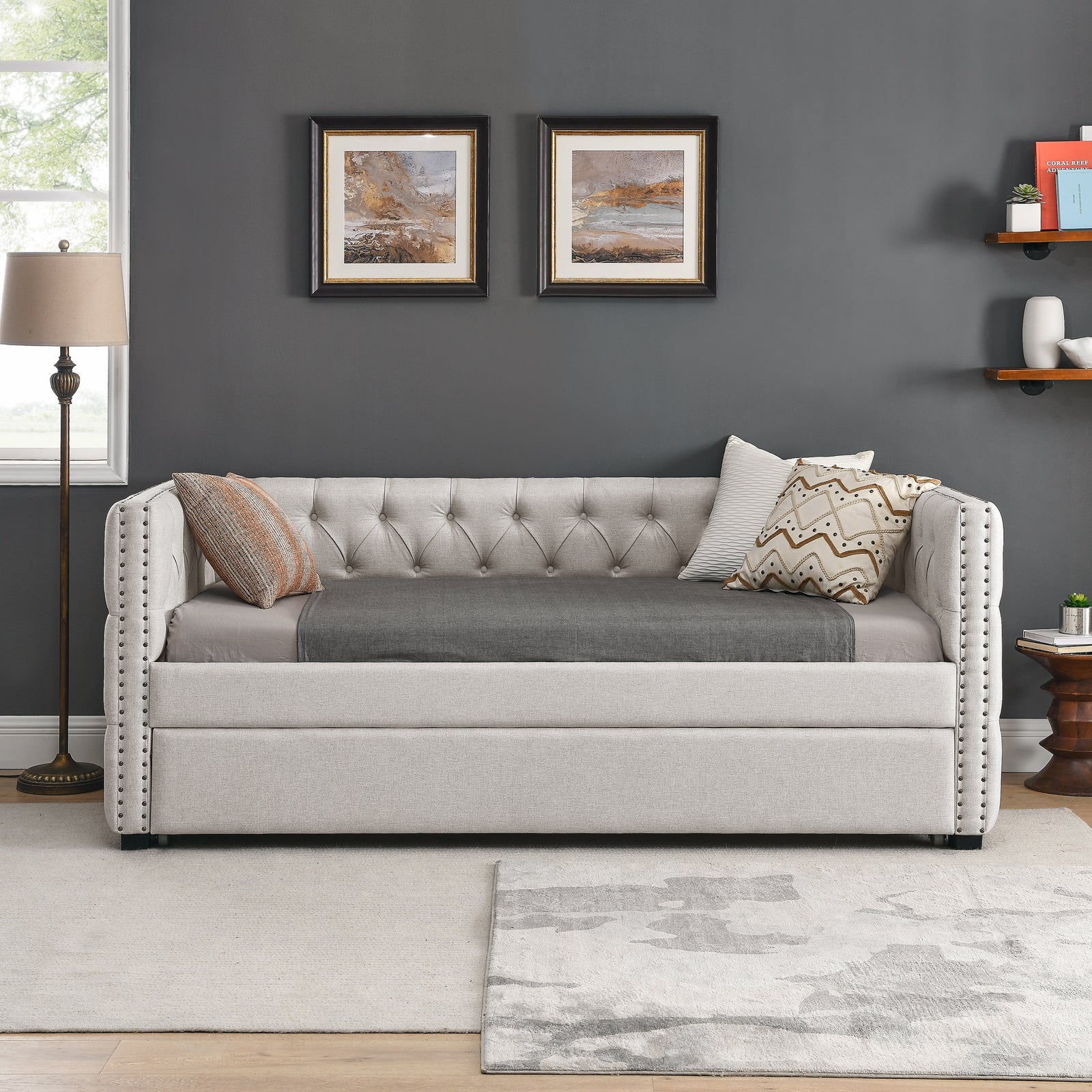 Daybed with Trundle Upholstered Tufted Sofa Bed, with Button and Copper Nail on Square Arms,both Twin Size, Beige(85