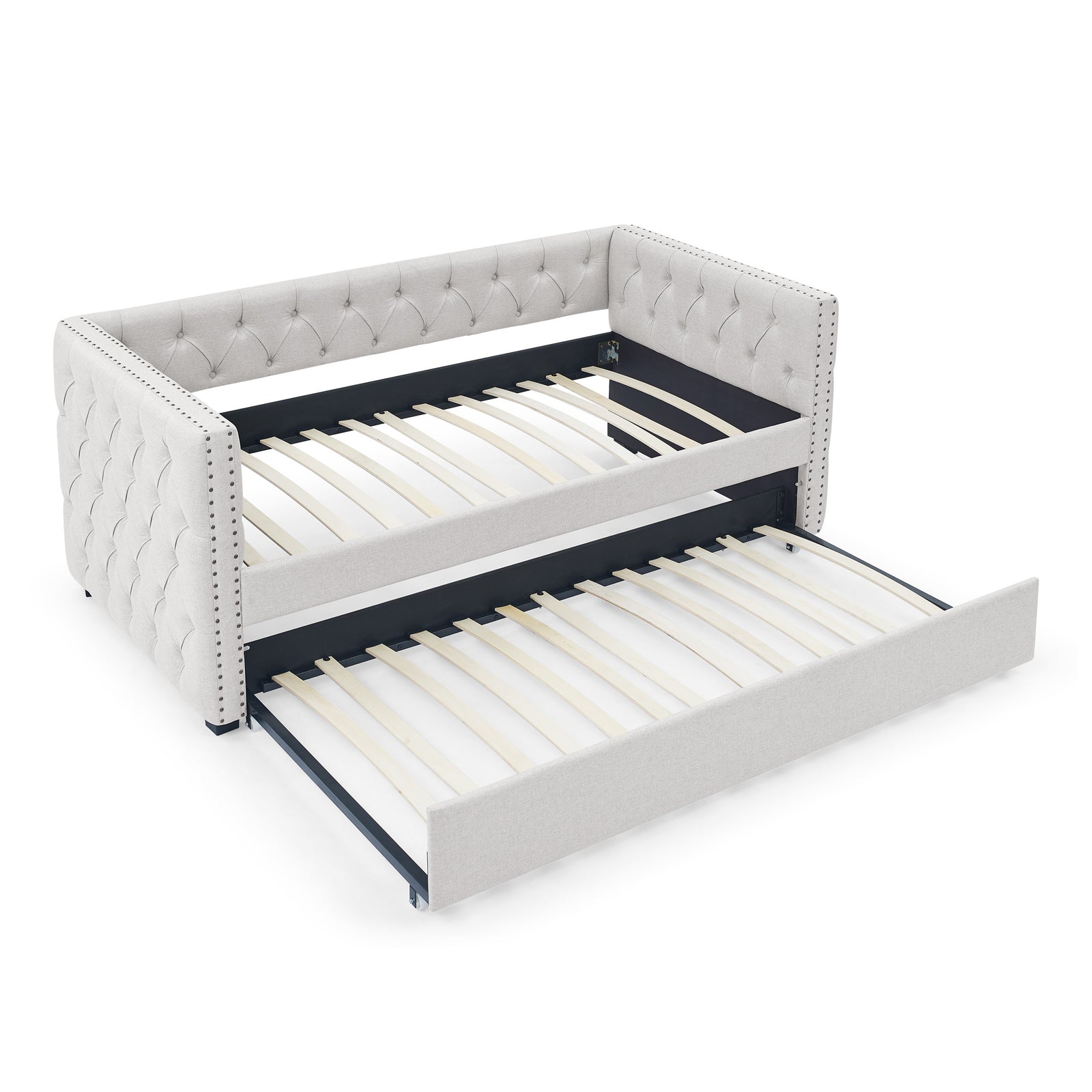 Daybed with Trundle Upholstered Tufted Sofa Bed, with Button and Copper Nail on Square Arms,both Twin Size, Beige(85