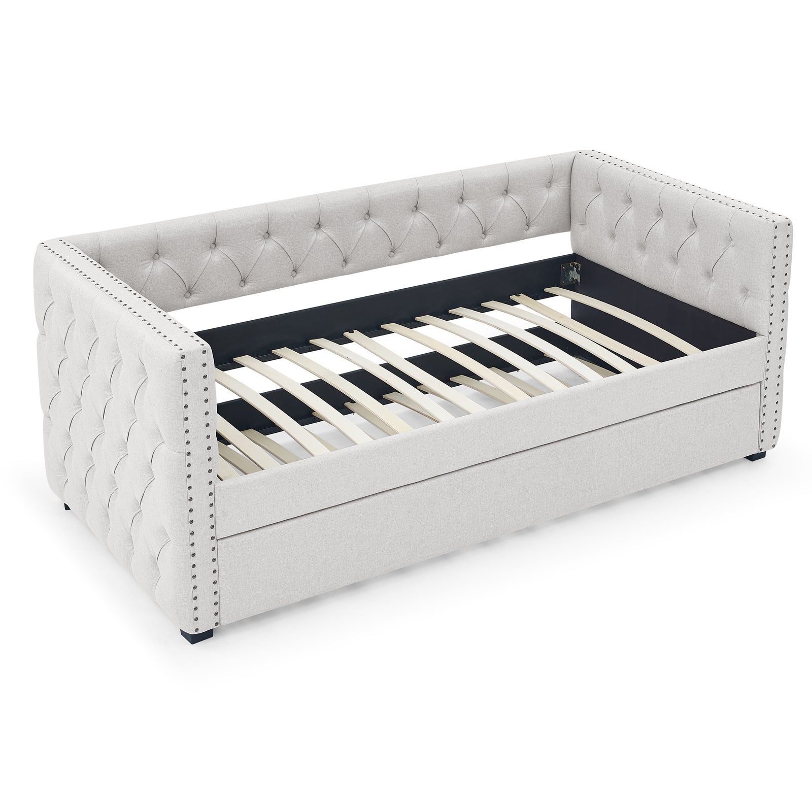 Daybed with Trundle Upholstered Tufted Sofa Bed, with Button and Copper Nail on Square Arms,both Twin Size, Beige(85