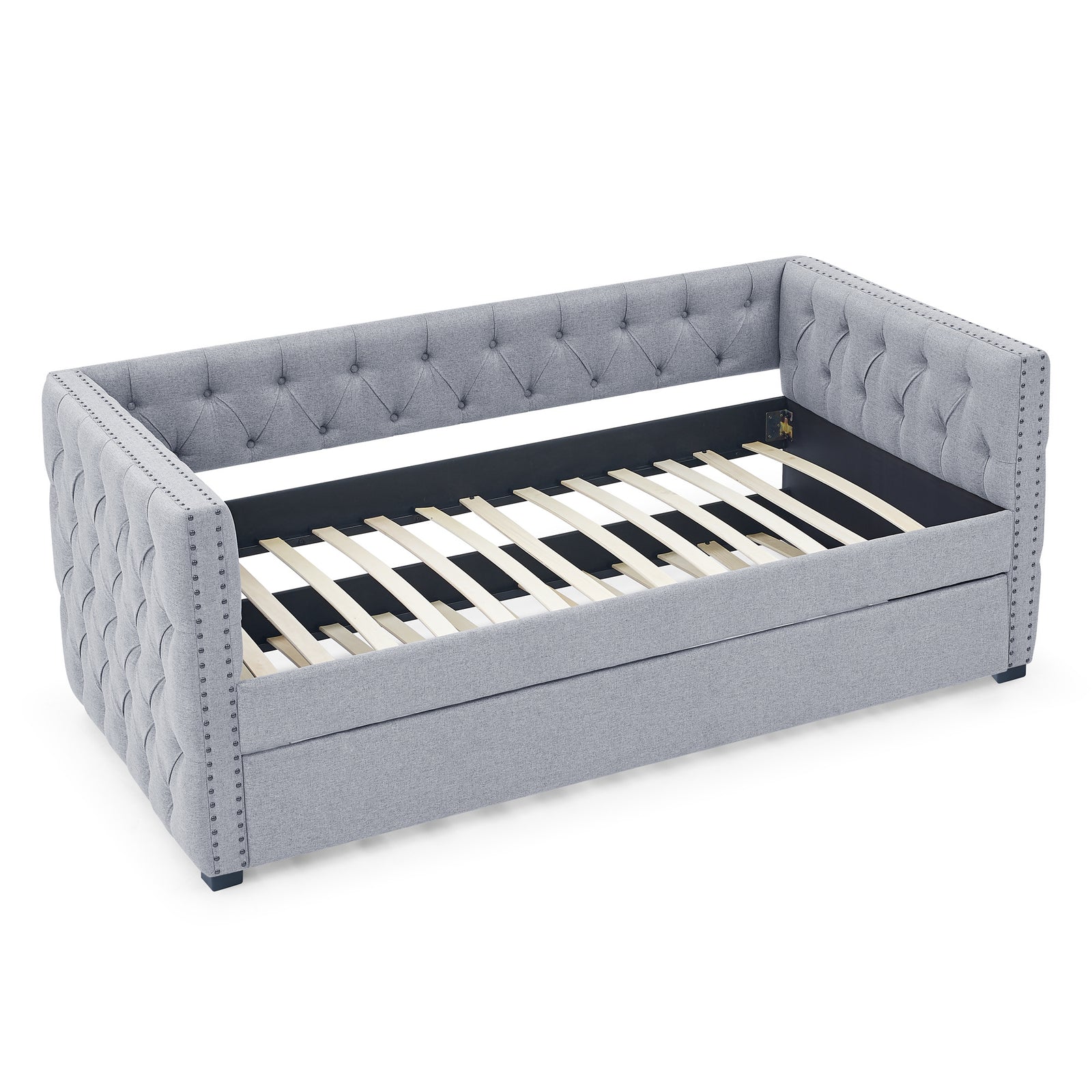 Daybed with Trundle Upholstered Tufted Sofa Bed, with Button and Copper Nail on Square Arms,both Twin Size,Grey(85