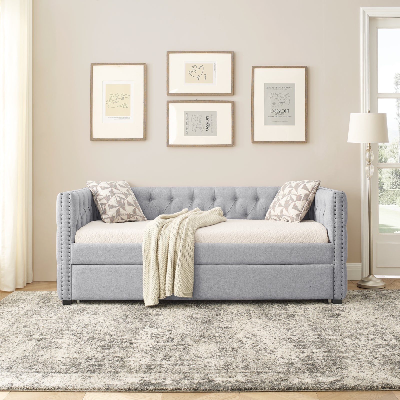 Daybed with Trundle Upholstered Tufted Sofa Bed, with Button and Copper Nail on Square Arms,both Twin Size,Grey(85