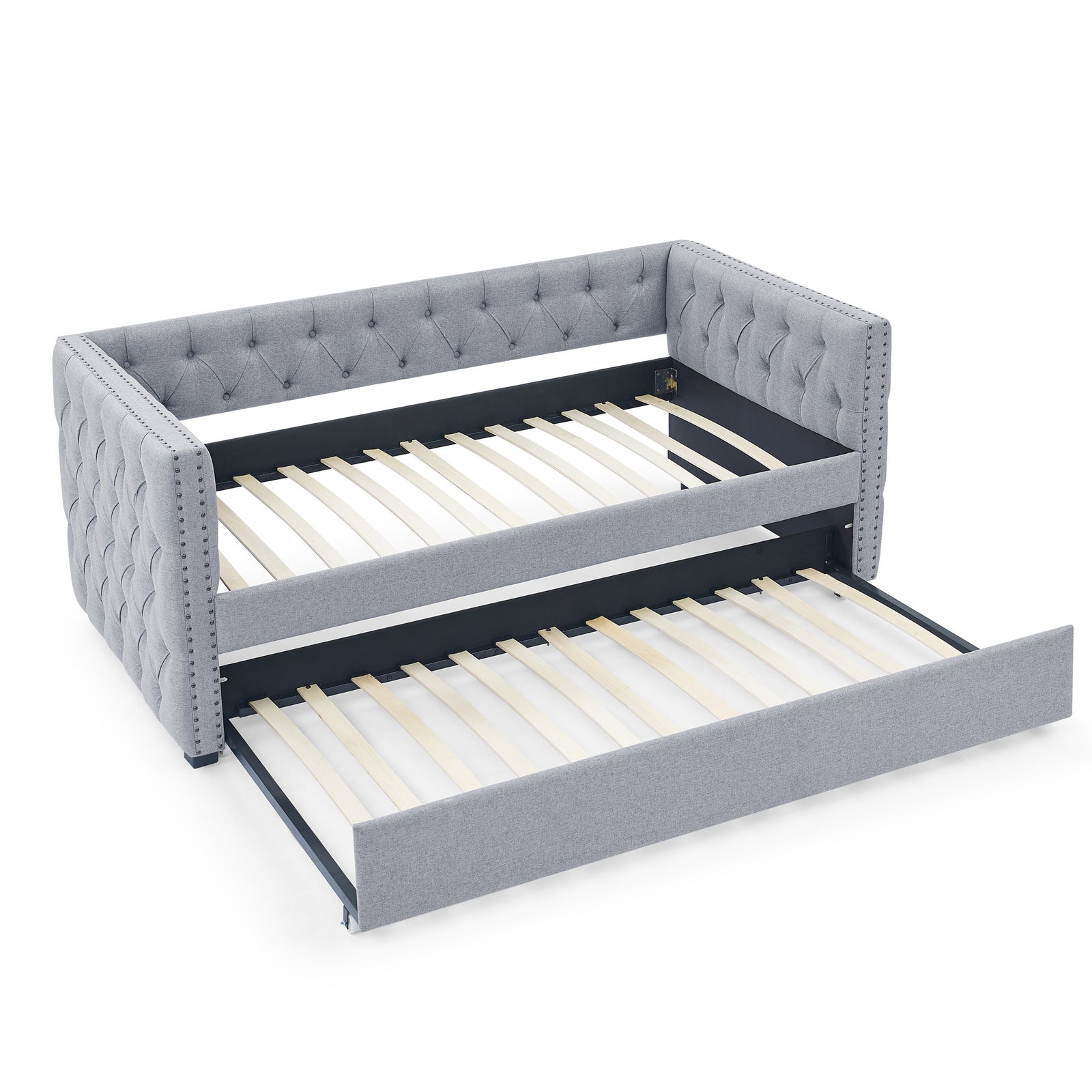 Daybed with Trundle Upholstered Tufted Sofa Bed, with Button and Copper Nail on Square Arms,both Twin Size,Grey(85