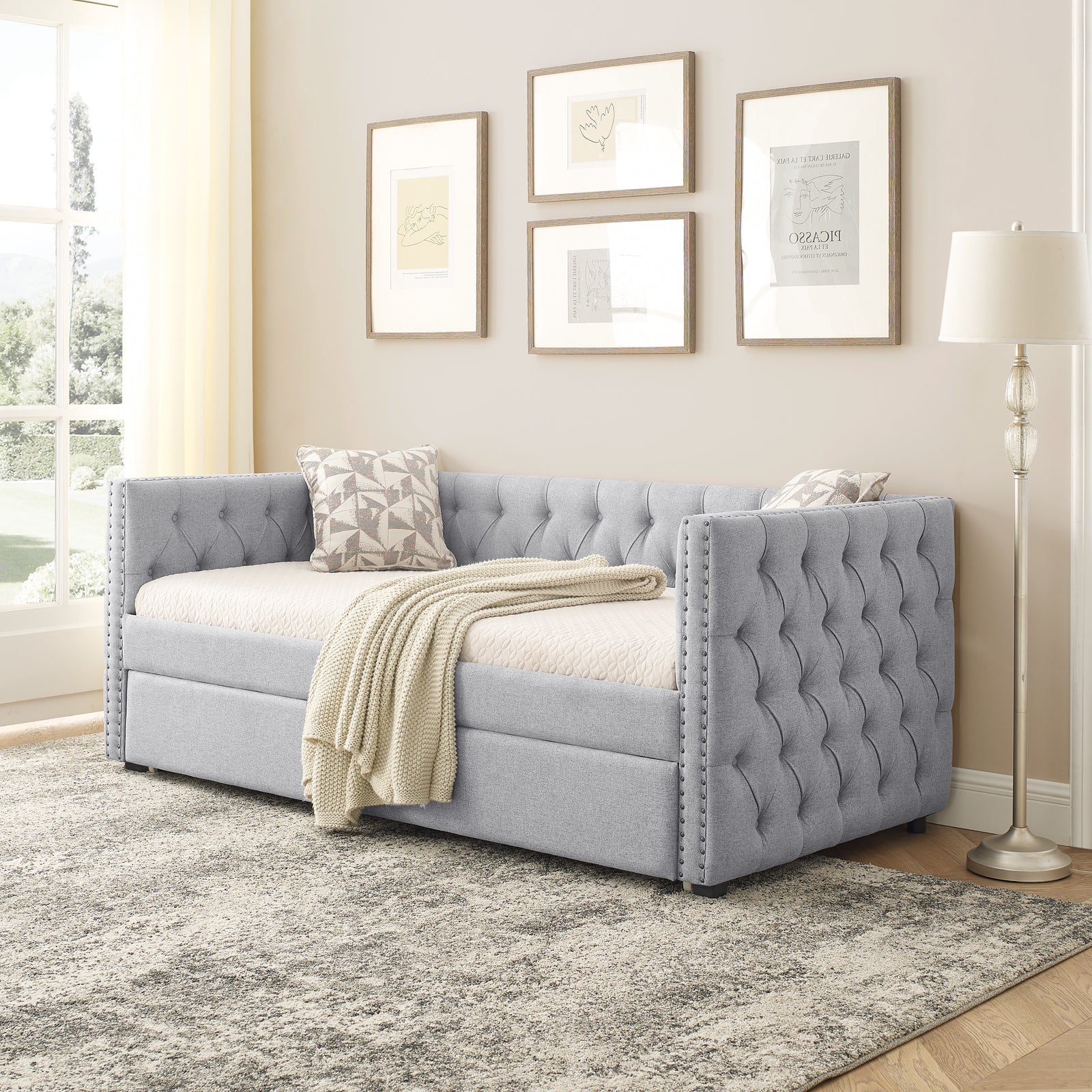 Daybed with Trundle Upholstered Tufted Sofa Bed, with Button and Copper Nail on Square Arms,both Twin Size,Grey(85