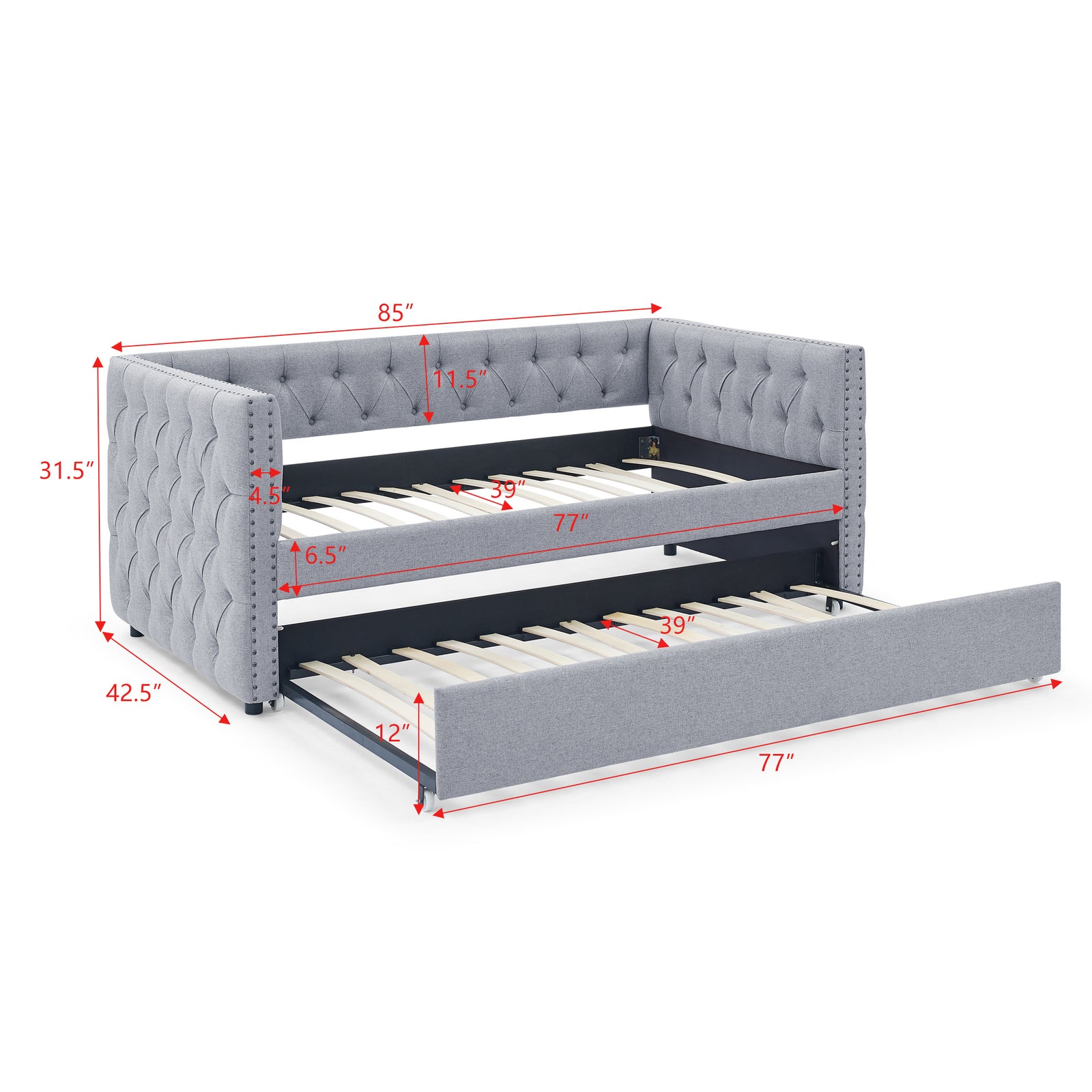 Daybed with Trundle Upholstered Tufted Sofa Bed, with Button and Copper Nail on Square Arms,both Twin Size,Grey(85