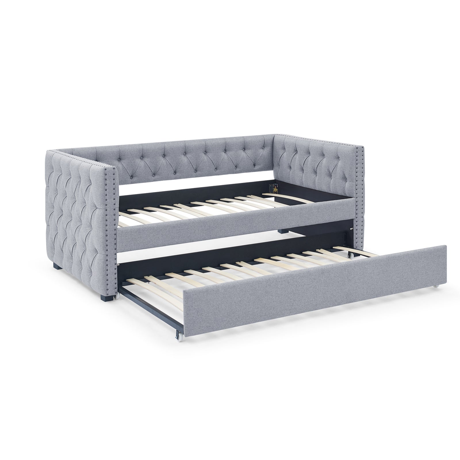 Daybed with Trundle Upholstered Tufted Sofa Bed, with Button and Copper Nail on Square Arms,both Twin Size,Grey(85