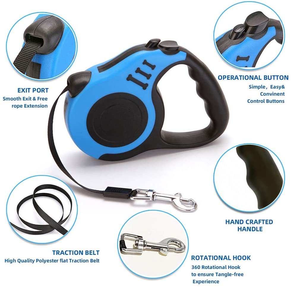 Dog Leash Retractable for Small Medium Dog up to 33lbs Nylon Tape/Ribbon Anti-Slip Handle One-Handed Brake Pause Lock - WoodPoly.com