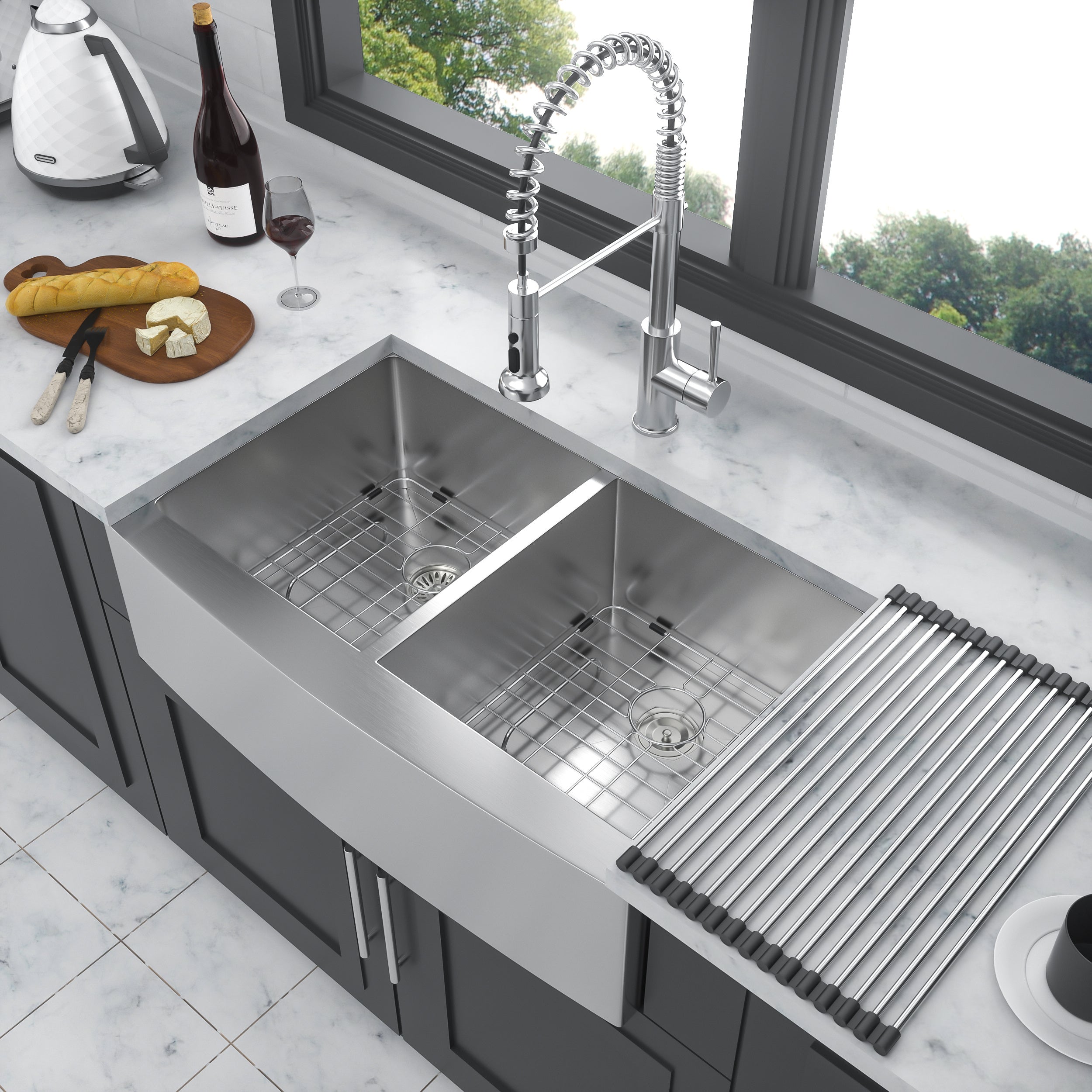 Double Bowl (50/50) Farmhouse Sink - 33"x21"x10" Stainless Steel Apron Front Kitchen Sink 16 Gauge with Two 10" Deep Basin
