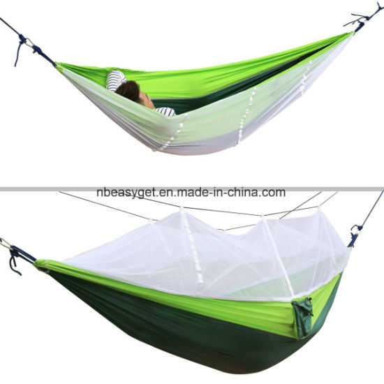 Double Camping Hammock with Mosquito Net Nylon Fabric Hammock for Beach, Traveling, Hiking, Mountain, Adventure, Outdoor Jungle - WoodPoly.com