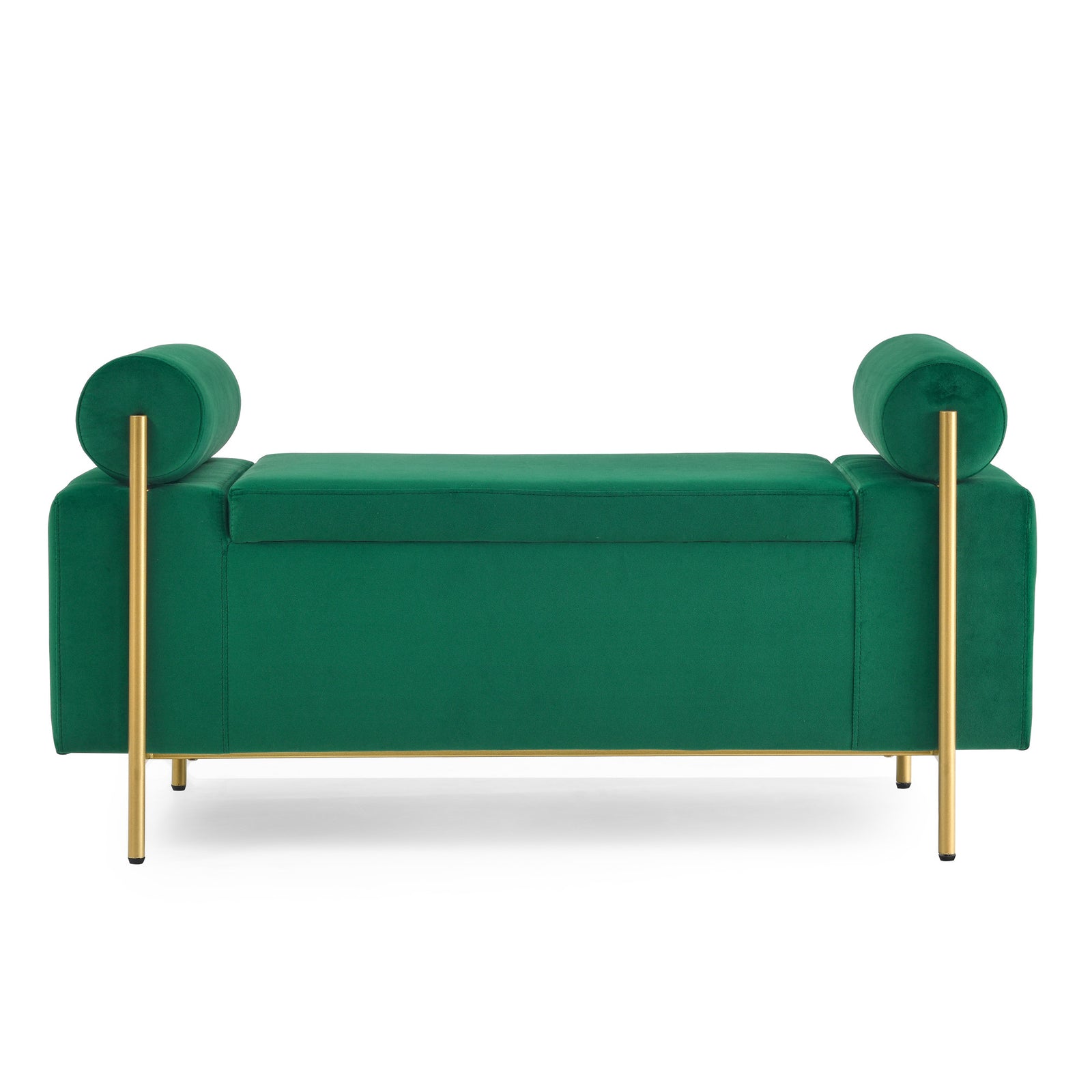 Elegant Upholstered Velvet Storage Bench with Cylindrical Arms and Iron Legs for Hallway Living Room Bedroom, Green