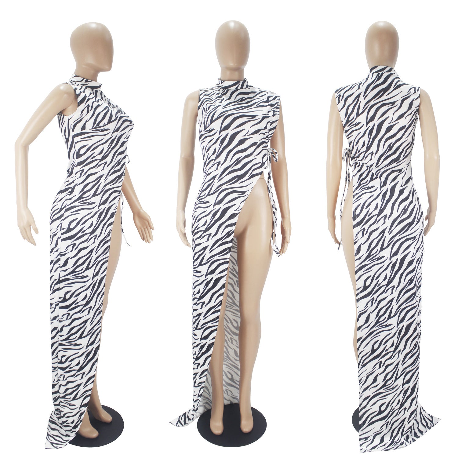 Fashion Zebra Print Sleeveless Tie Half Open Sexy Dress