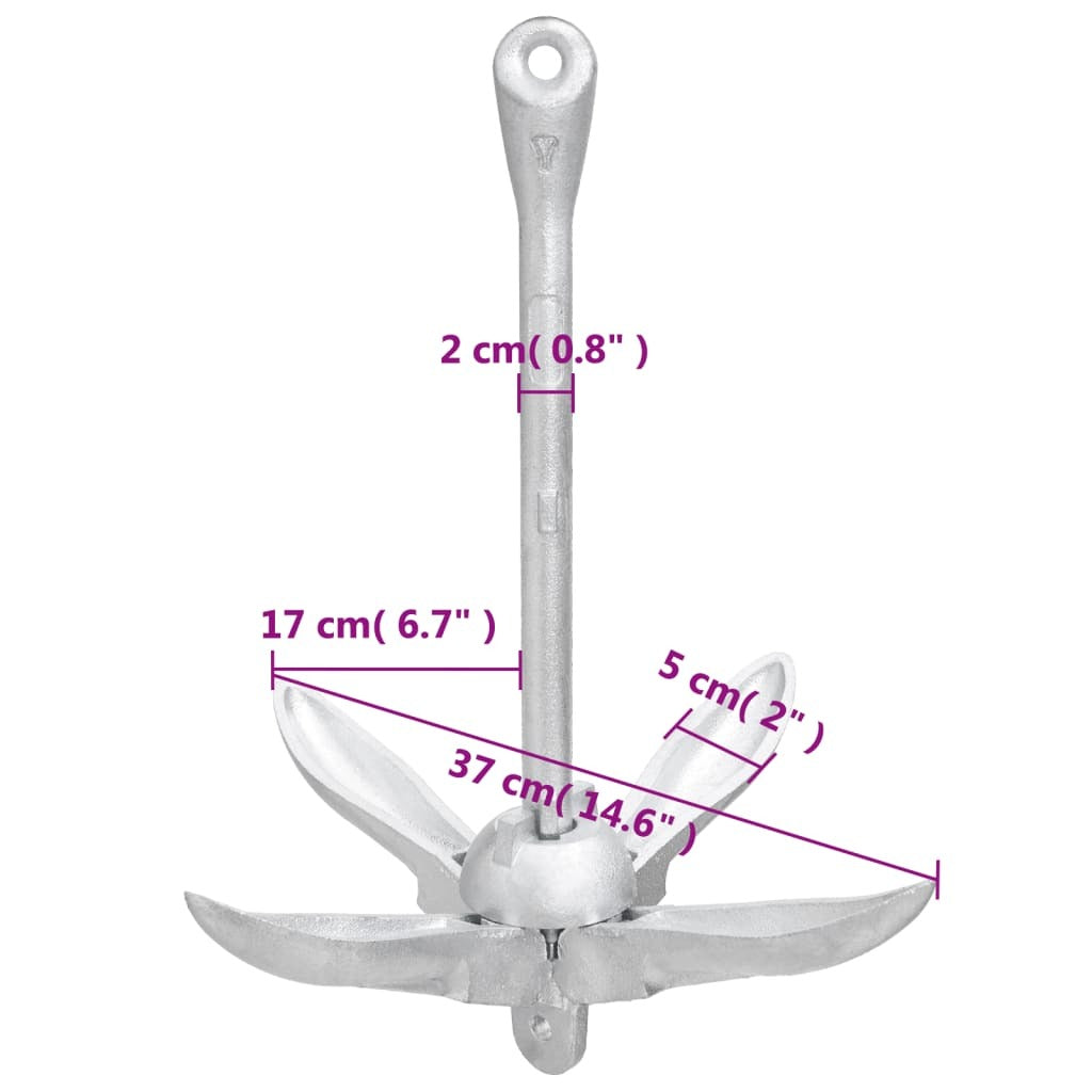 Folding Anchor with Rope Silver 7.1 lb Malleable Iron