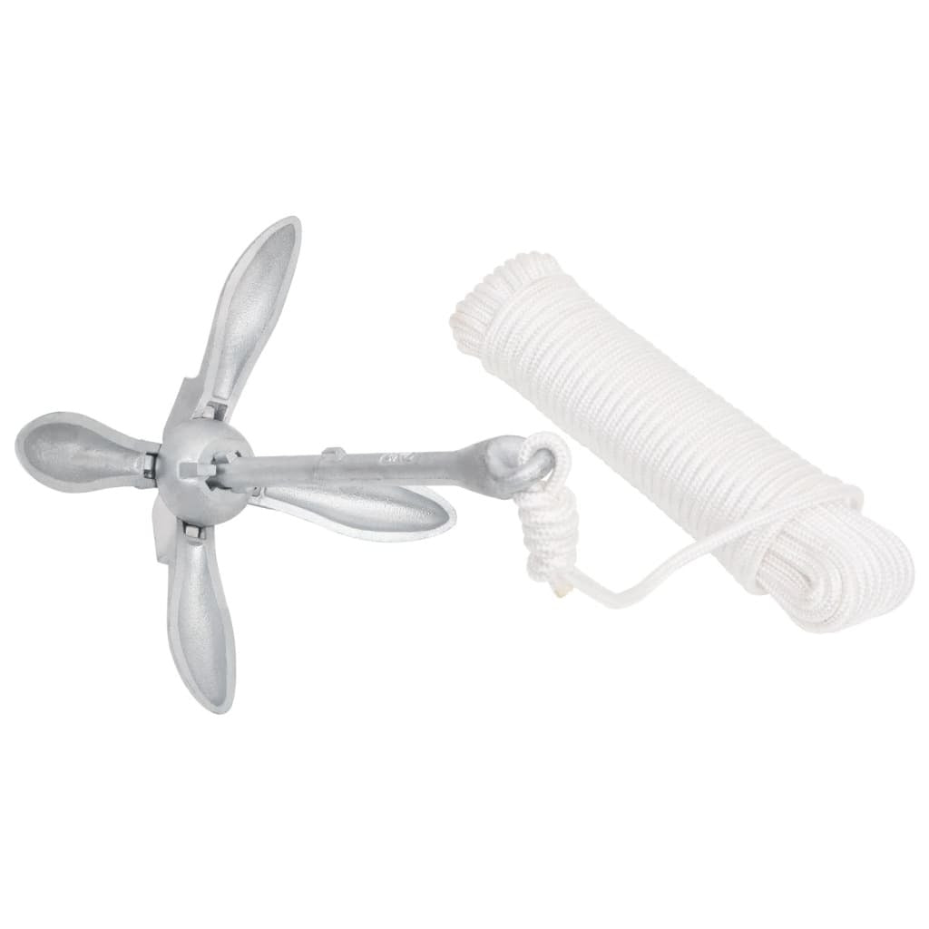 Folding Anchor with Rope Silver 7.1 lb Malleable Iron