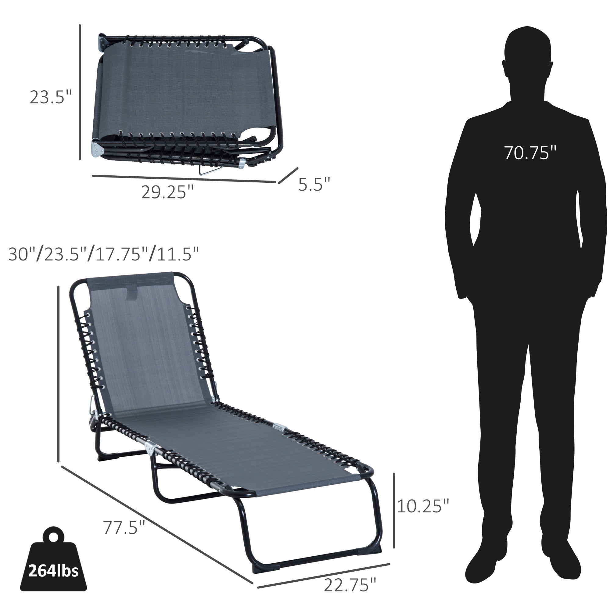 Folding Chaise Lounge Pool Chair, Patio Sun Tanning Chair, Outdoor Lounge Chair with 4-Position Reclining Back, Breathable Mesh Seat for Beach, Yard, Patio, Gray