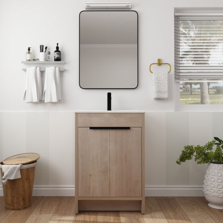 Freestanding Bathroom Vanity with White Ceramic Sink & 2 Soft-Close Cabinet Doors ((KD-PACKING); BVB02424PLO-G-BL9060B)