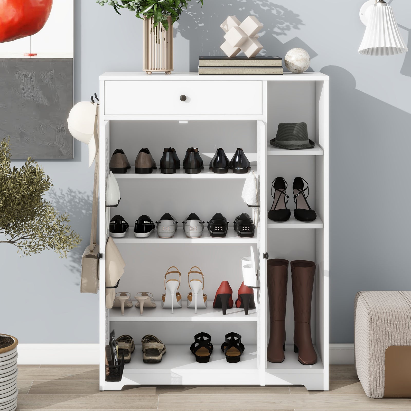 Freestanding Shoe Rack Organizer with 2 Shutter Door, Entryway Narrow Shoe Storage with Adjustable Storage Shelf &Top Drawer, Modern Slim Shoe Cabinet, White