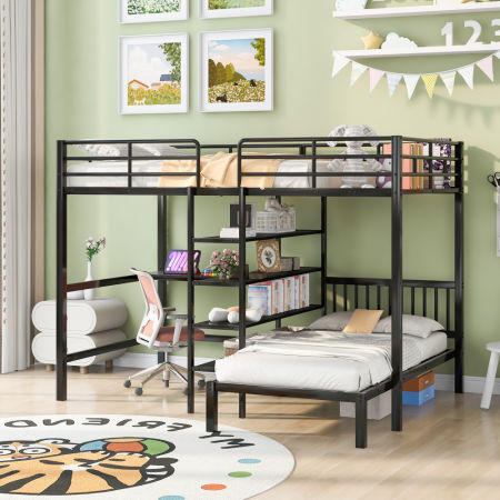 Full Over Twin Metal Bunk Bed with Built-in Desk, Shelves and Ladder,