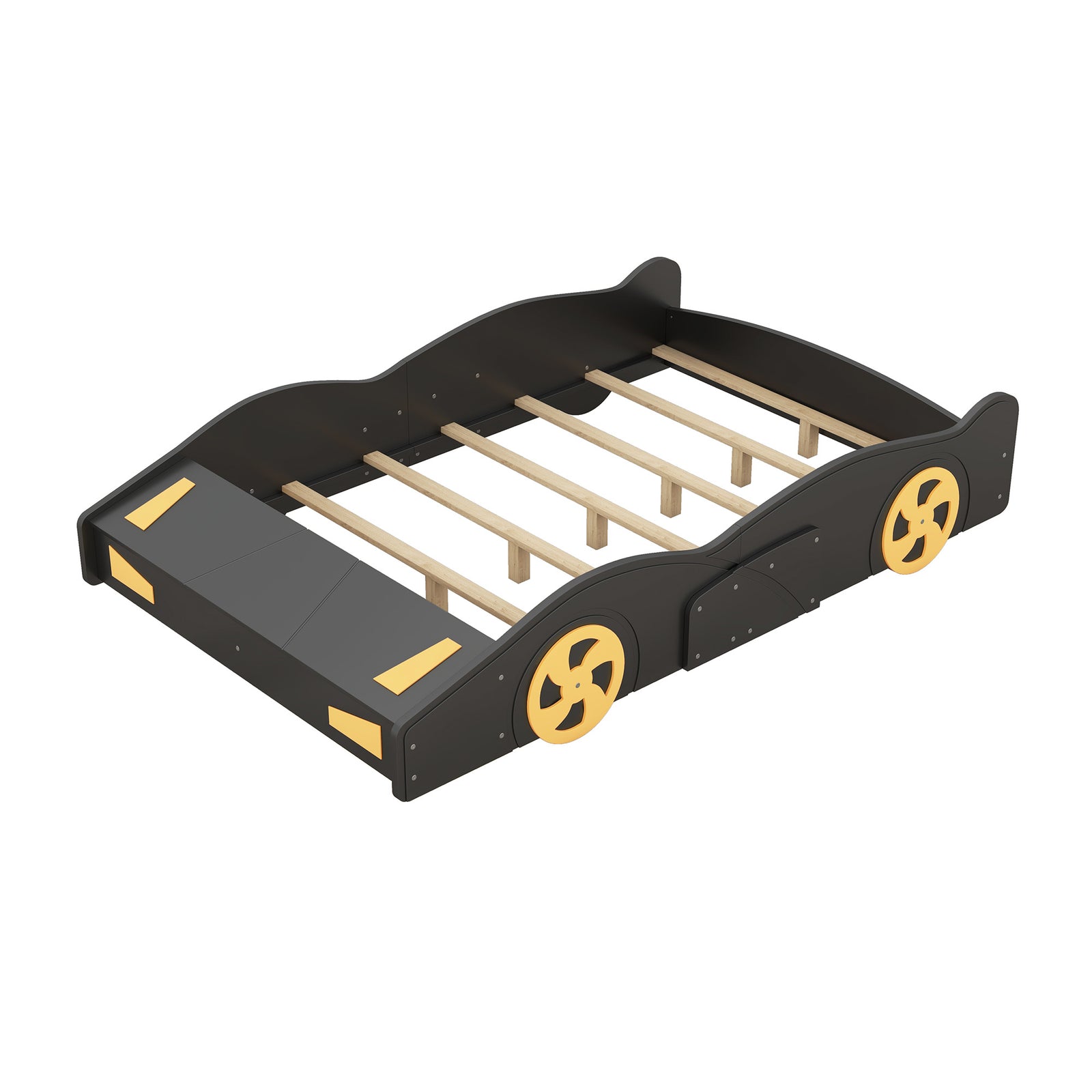 Full Size Race Car-Shaped Platform Bed with Wheels and Storage, Black+Yellow