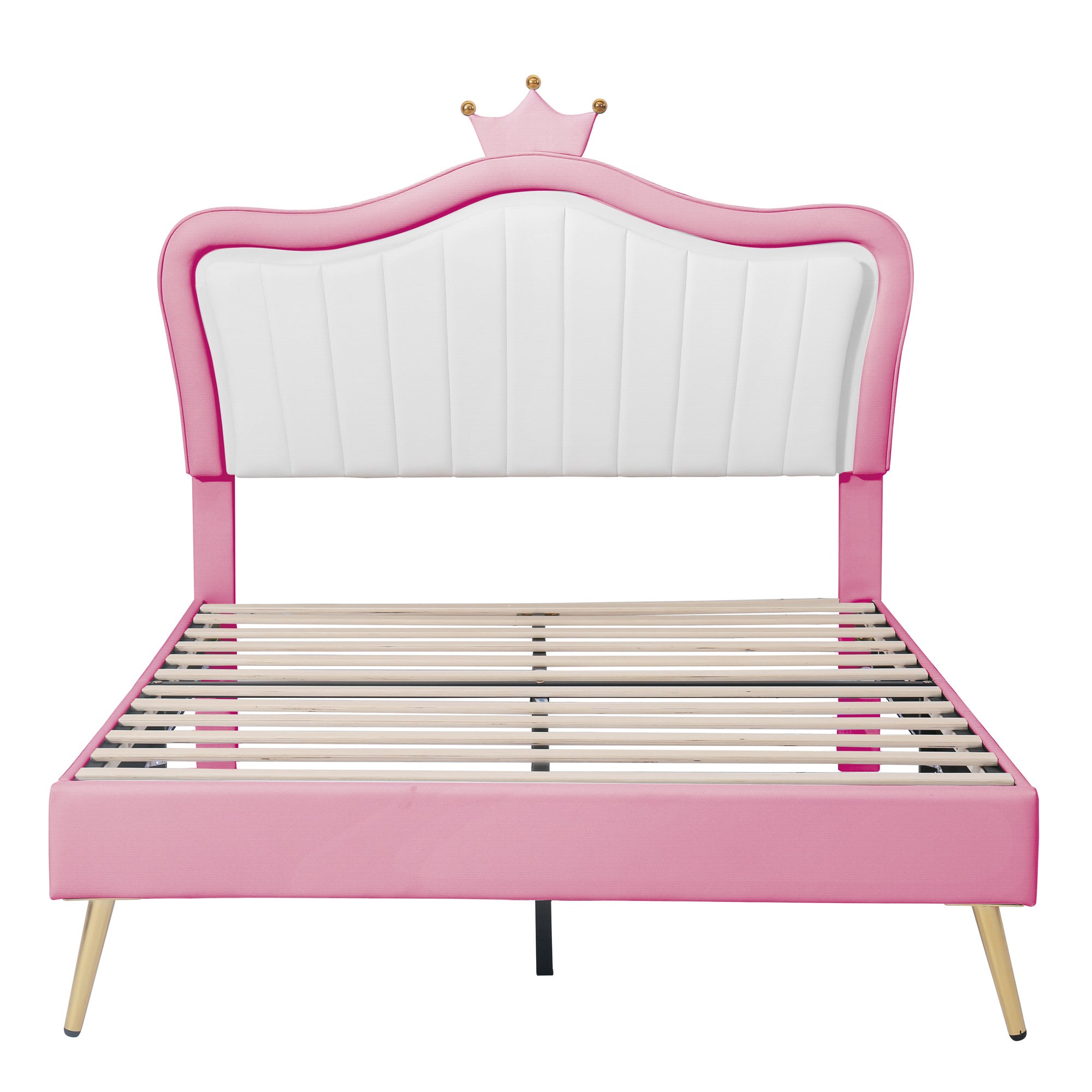 Full Size Upholstered Bed Frame with LED Lights,Modern Upholstered Princess Bed With Crown Headboard,White+Pink