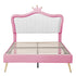 Full Size Upholstered Bed Frame with LED Lights,Modern Upholstered Princess Bed With Crown Headboard,White+Pink
