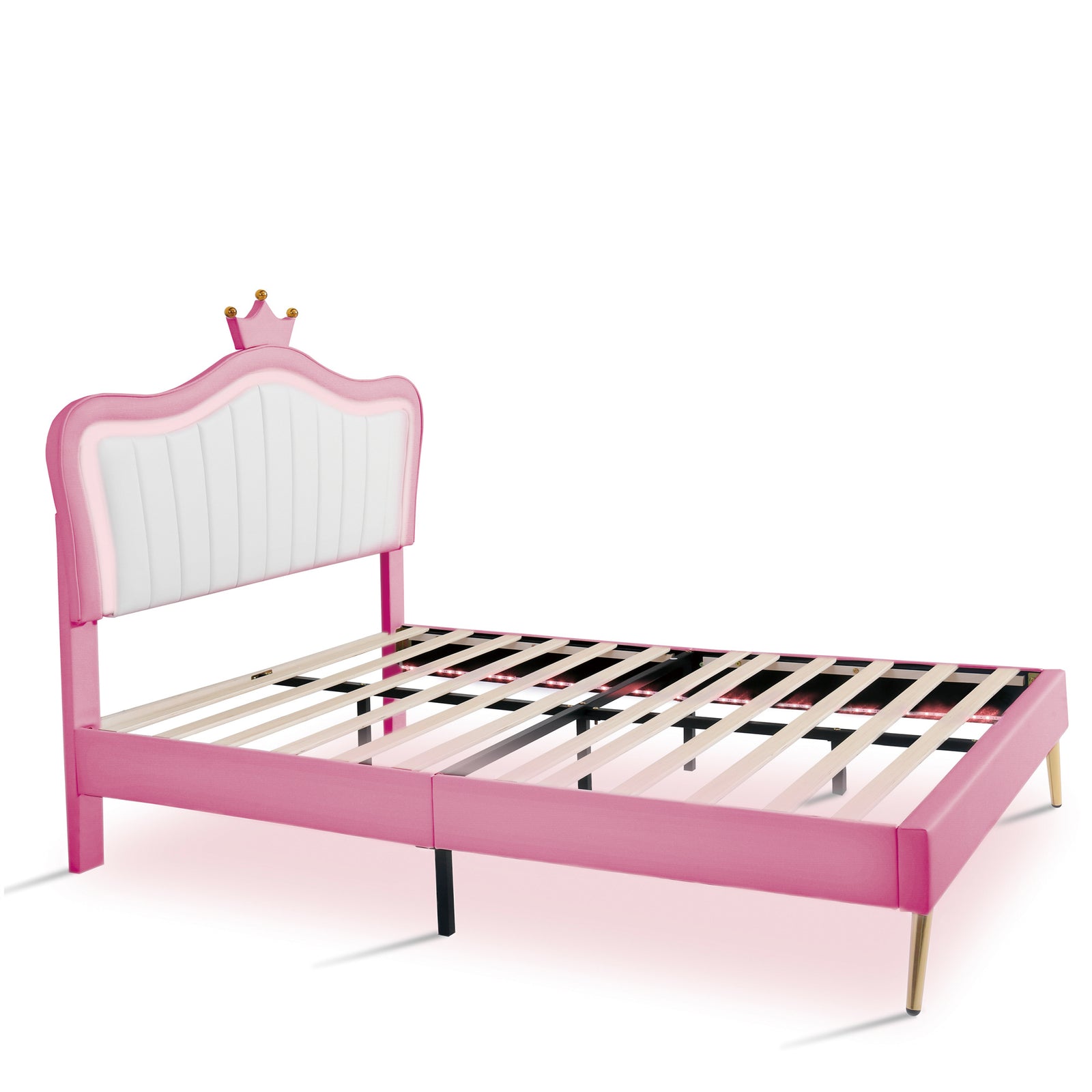 Full Size Upholstered Bed Frame with LED Lights,Modern Upholstered Princess Bed With Crown Headboard,White+Pink