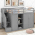 Functional Loft Bed with 3 Shelves, 2 Wardrobes and 2 Drawers, Ladder with Storage, No Box Spring Needed, Gray