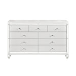 Glamorous Metallic White Finish Dresser of 9x Drawers Faux Crystal Knobs Modern Bedroom Furniture