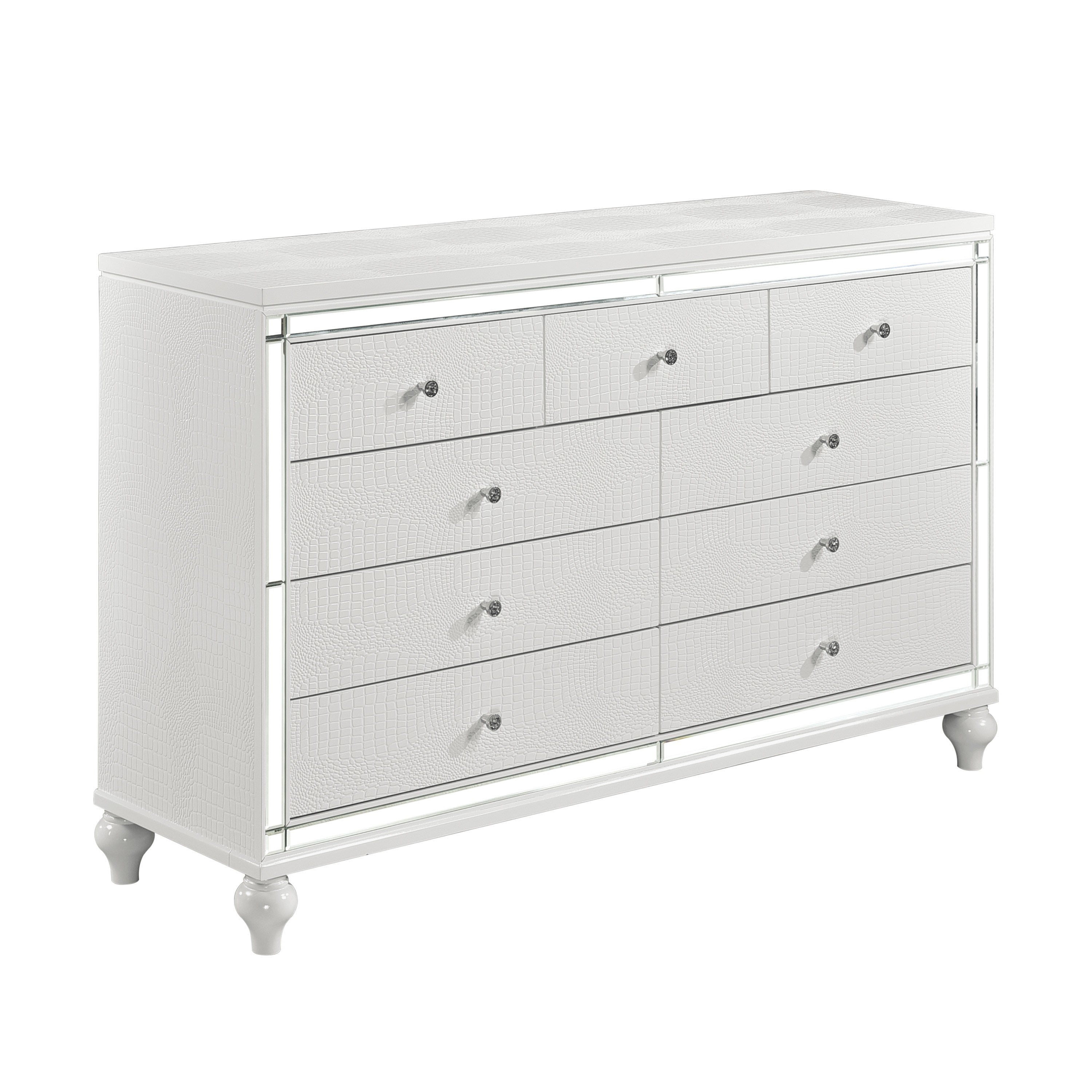 Glamorous Metallic White Finish Dresser of 9x Drawers Faux Crystal Knobs Modern Bedroom Furniture
