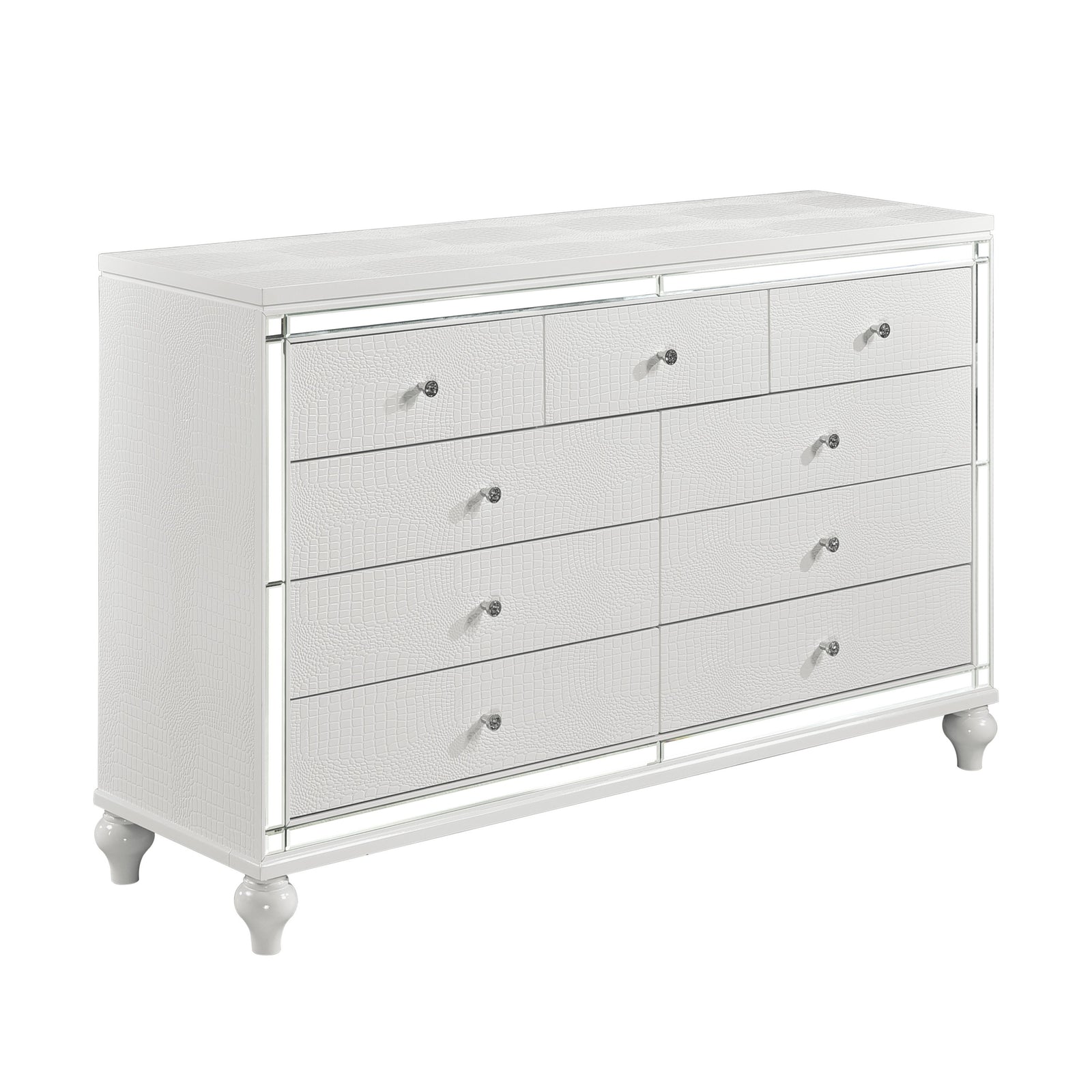 Glamorous Metallic White Finish Dresser of 9x Drawers Faux Crystal Knobs Modern Bedroom Furniture