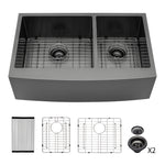 Gunmetal Black Double Bowl (60/40) Farmhouse Sink- 36"x21"x10"Stainless Steel Apron Front Kitchen Sink 16 Gauge with Two 10" Deep Basin