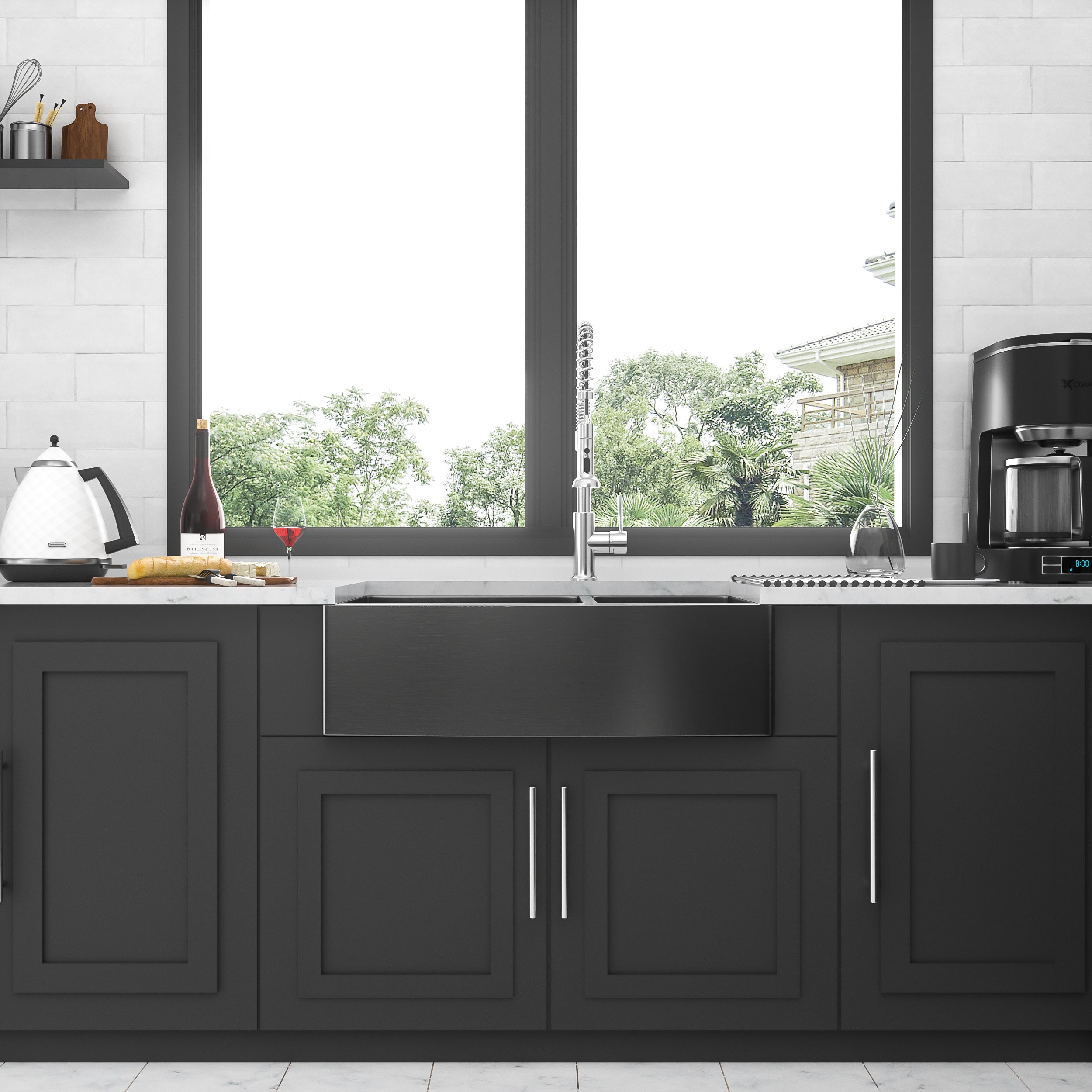Gunmetal Black Double Bowl (60/40) Farmhouse Sink- 36"x21"x10"Stainless Steel Apron Front Kitchen Sink 16 Gauge with Two 10" Deep Basin
