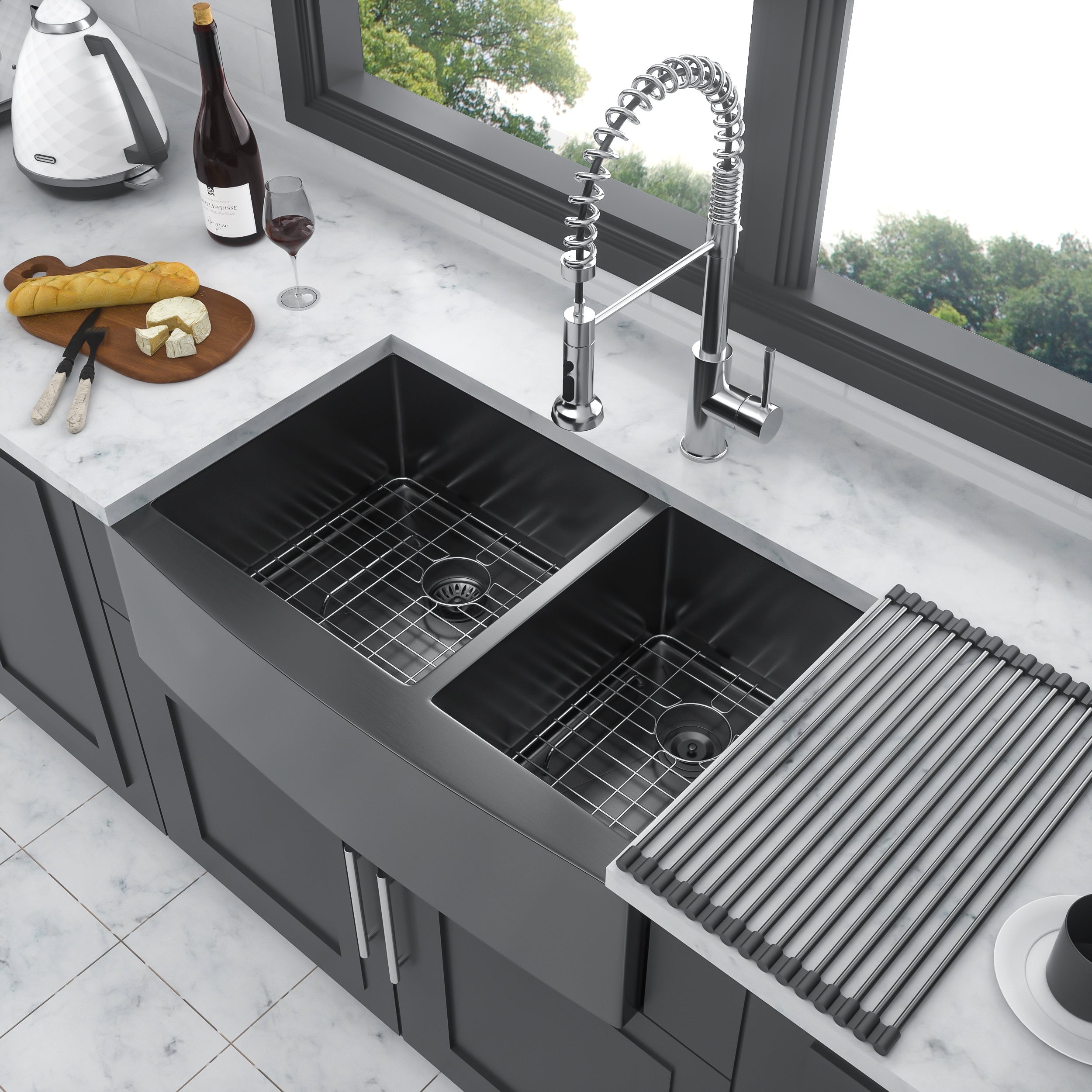 Gunmetal Black Double Bowl (60/40) Farmhouse Sink- 36"x21"x10"Stainless Steel Apron Front Kitchen Sink 16 Gauge with Two 10" Deep Basin
