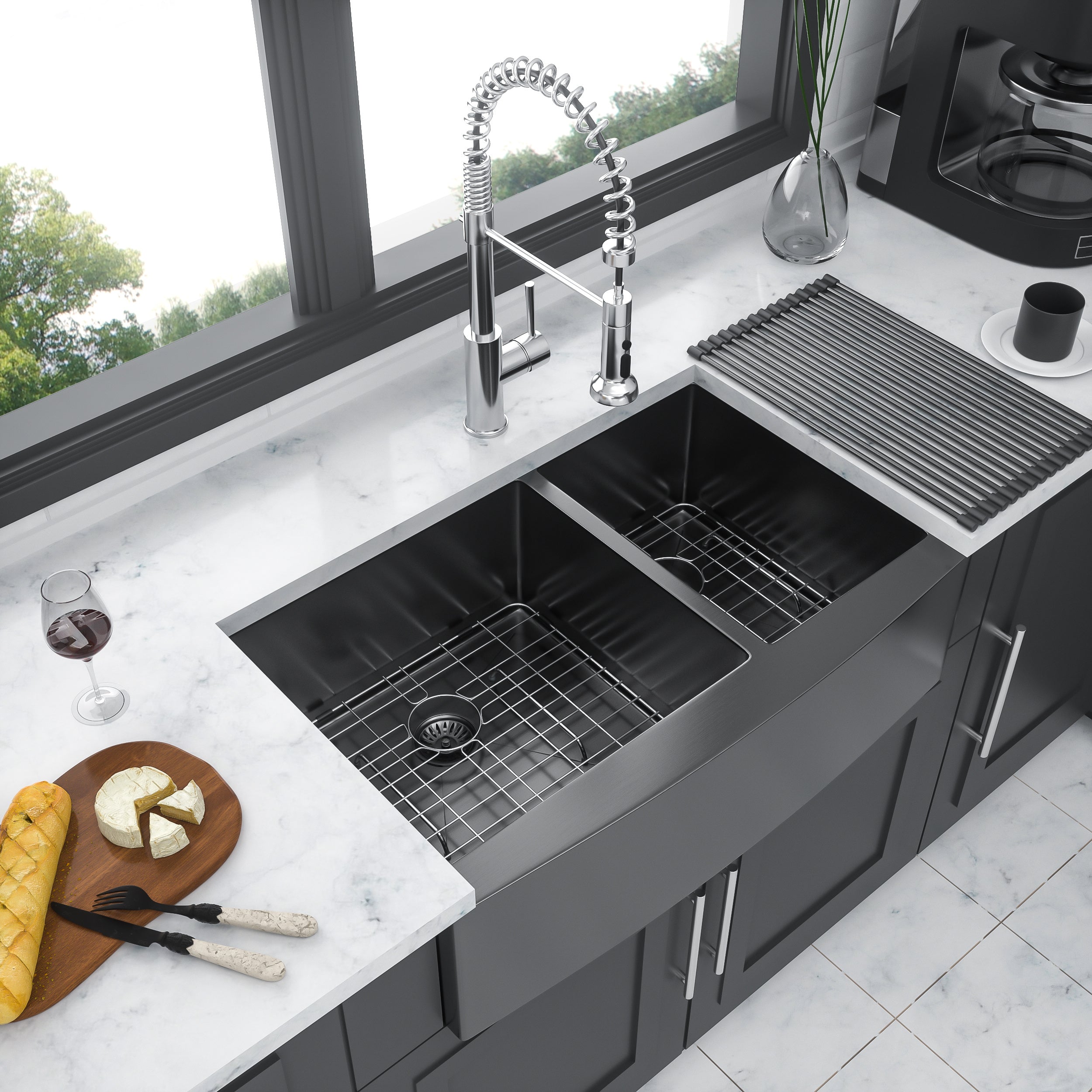 Gunmetal Black Double Bowl (60/40) Farmhouse Sink- 36"x21"x10"Stainless Steel Apron Front Kitchen Sink 16 Gauge with Two 10" Deep Basin