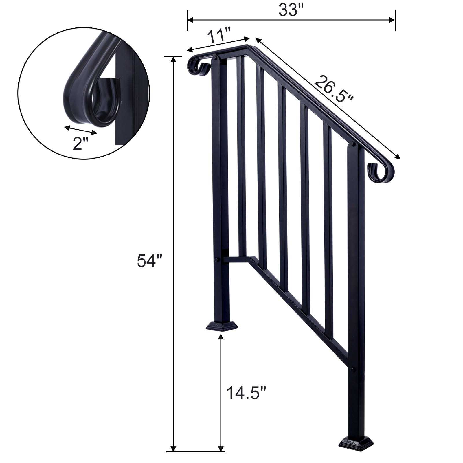 Handrails for Outdoor Steps, Fit 2 or 3 Steps Outdoor Stair Railing, Picket#2 Wrought Iron Handrail, Flexible Porch Railing, Black Transitional Handrails for Concrete Steps or Wooden Stairs
