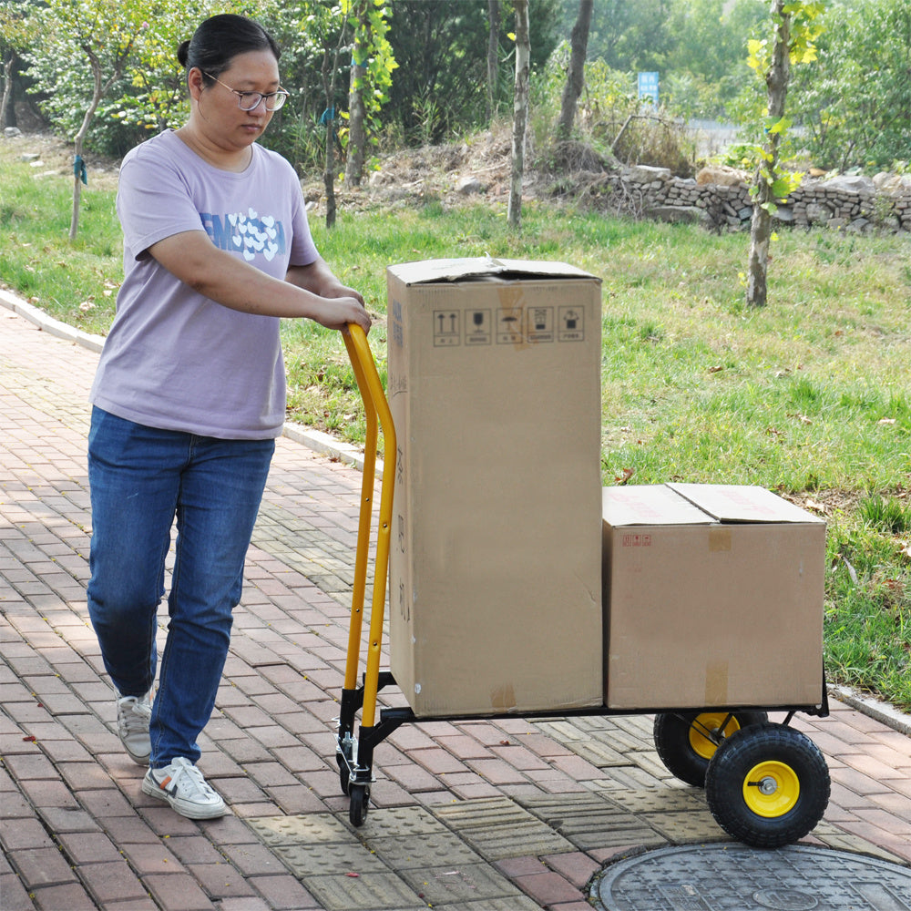 HT1006BK-YL Hand Truck Dual Purpose 2 Wheel Dolly Cart and 4 Wheel Push Cart with Swivel Wheels 330 Lbs Capacity Heavy Duty Platform Cart for Moving/Warehouse/Garden/Grocery