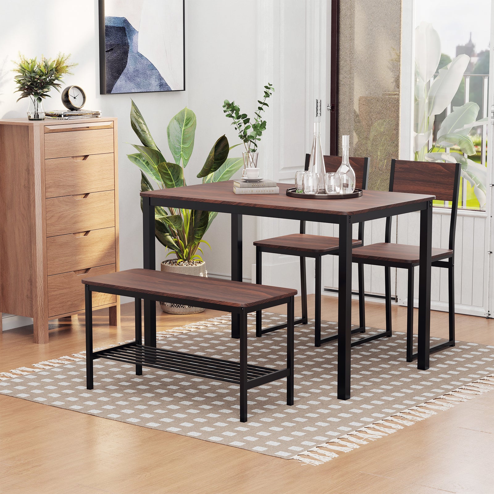 Industrial 4 Piece Dining Room Table Set with Bench Wooden Kitchen Table and Chairs w/ Storage Rack for Kitchen, Dinette, Black/Brown