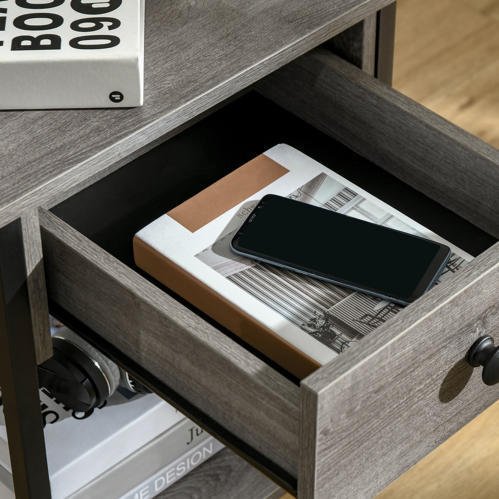 Industrial End Table with Storage Shelf, Accent Side Table with Drawer for Living Room, or Bedroom, Grey