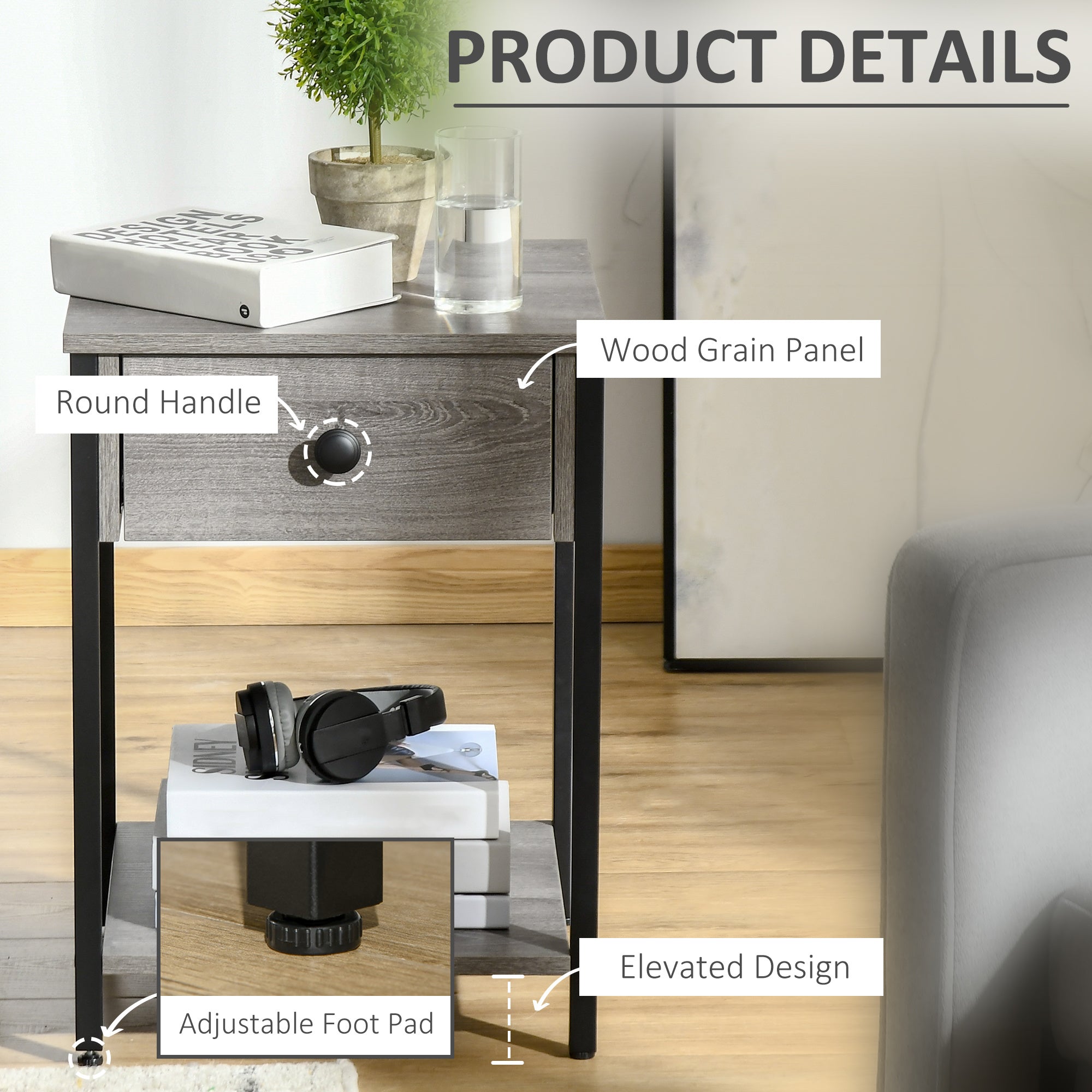 Industrial End Table with Storage Shelf, Accent Side Table with Drawer for Living Room, or Bedroom, Grey