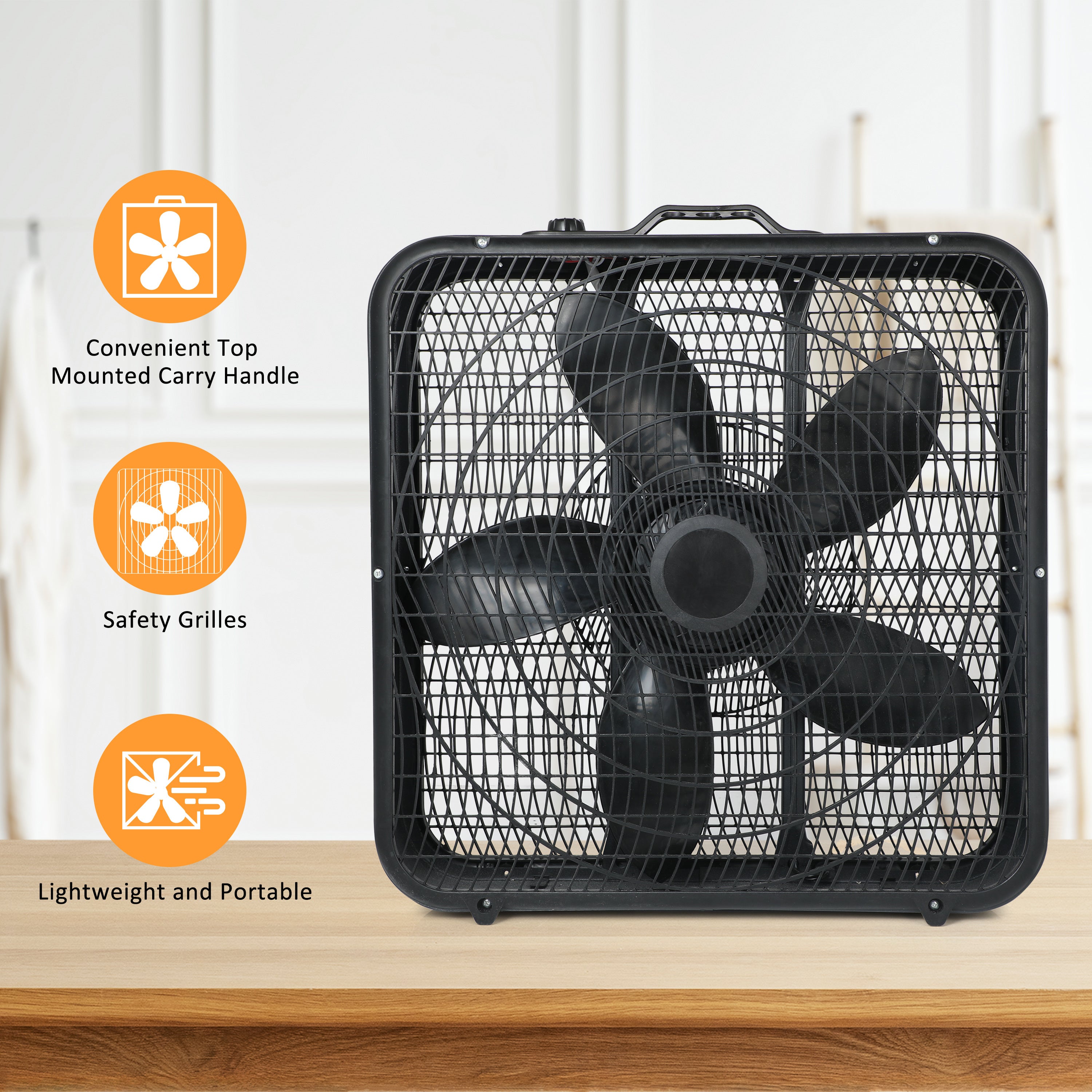 InfiniPower 20' Box Fan, 3-Speed Cooling Table Fan with Aerodynamic Shaped Fan Blades, Convenient Carry Handle and Safety Grills, For Home Office Color: Black