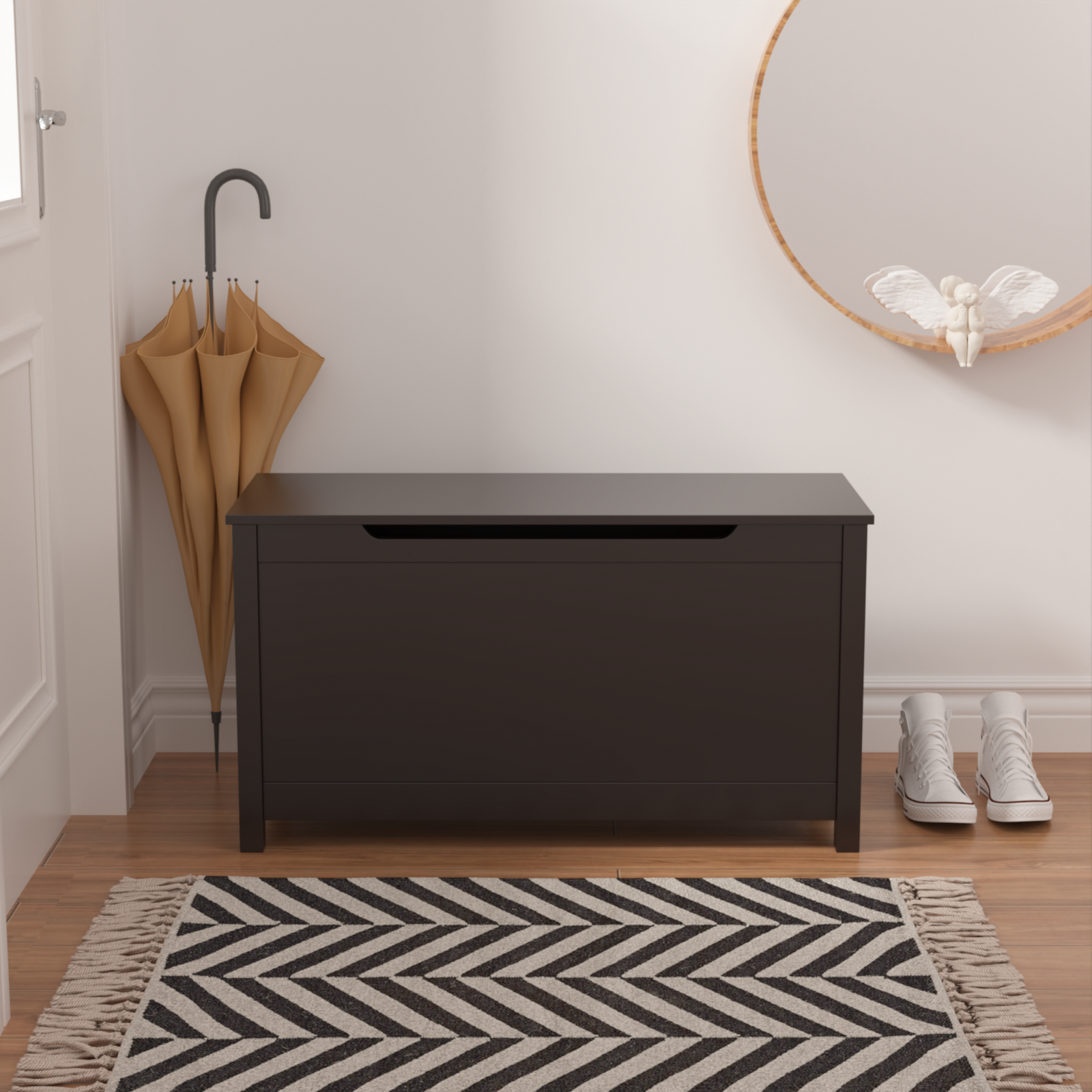 Kids Wooden Toy Box Storage with Safety Hinged Lid for Ages 3+ (Dark Brown)