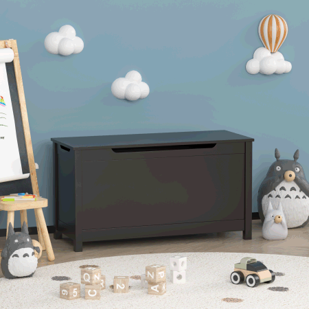 Kids Wooden Toy Box Storage with Safety Hinged Lid for Ages 3+ (Dark Brown)