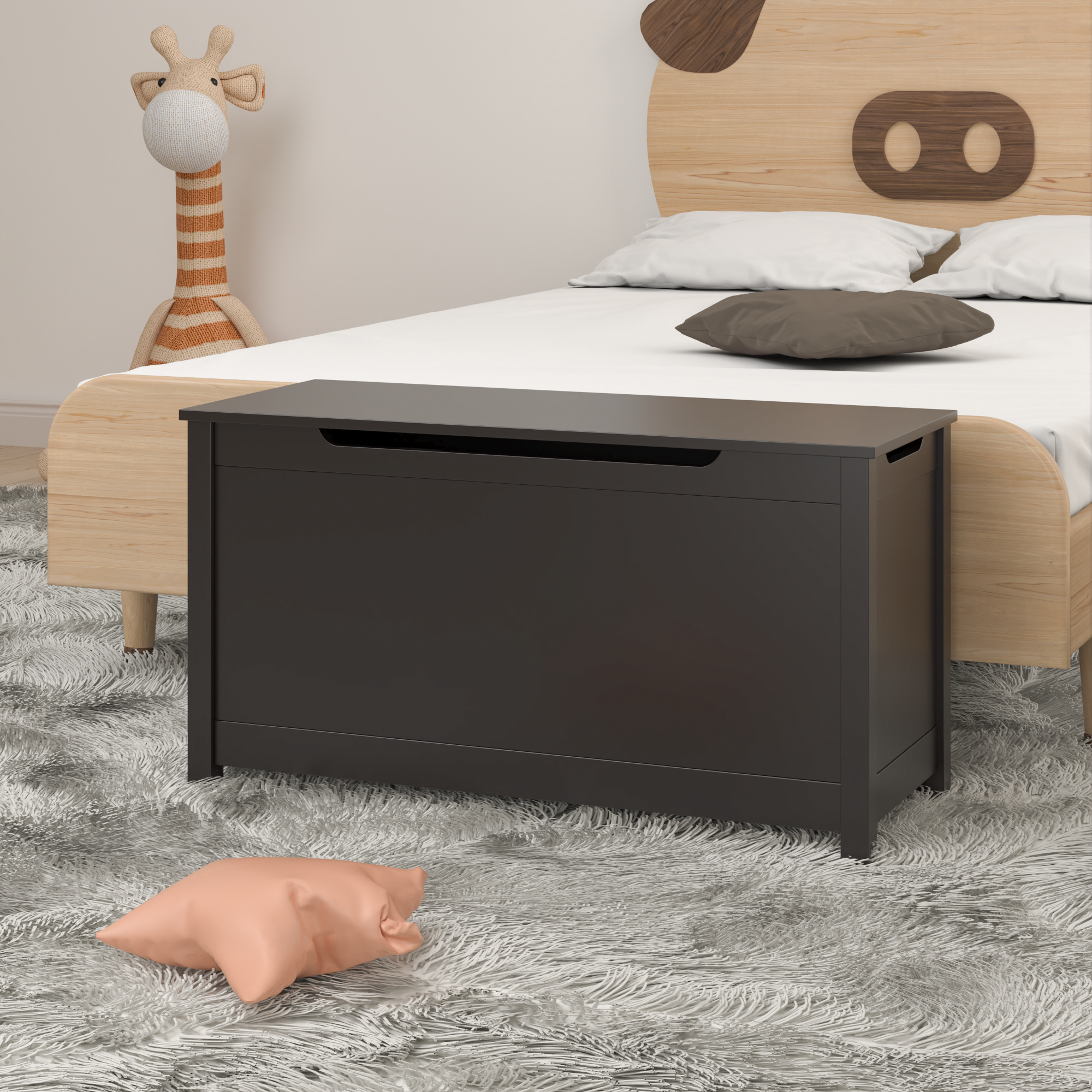 Kids Wooden Toy Box Storage with Safety Hinged Lid for Ages 3+ (Dark Brown)