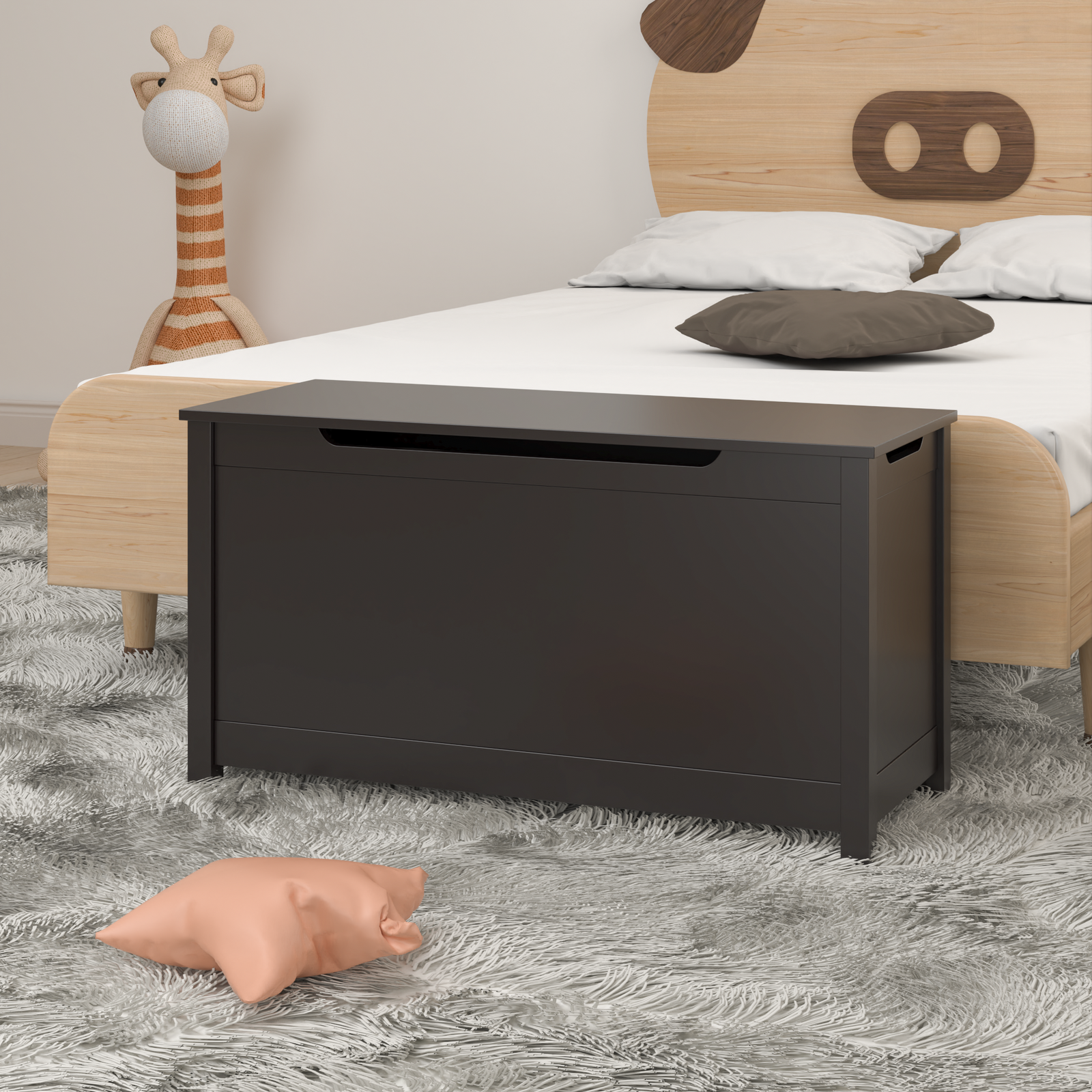 Kids Wooden Toy Box Storage with Safety Hinged Lid for Ages 3+ (Dark Brown)