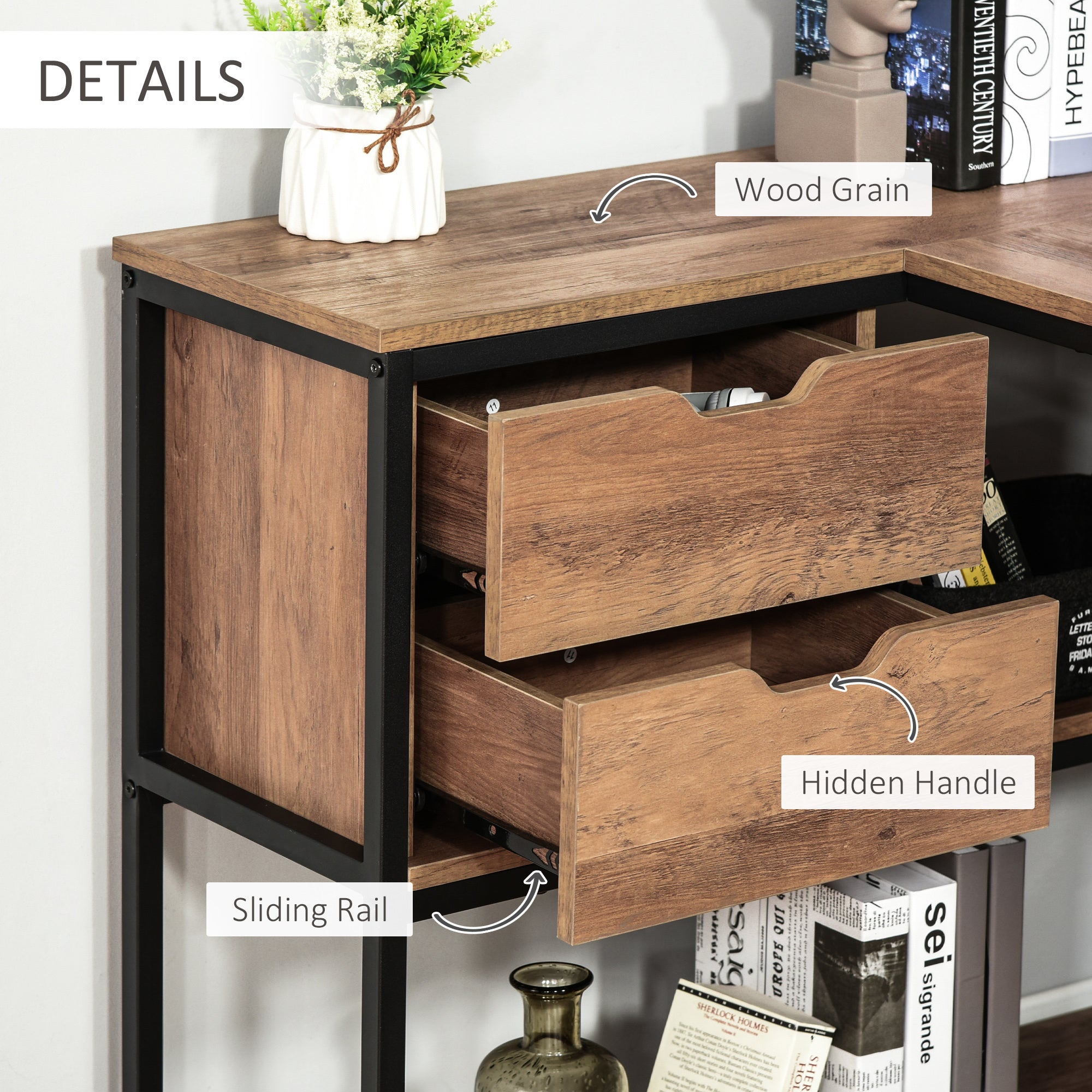 L-Shaped Home Offie Computer Desk with Storage Shelves, 2 Dawers and Industrial Steel Frame, Black/Brown