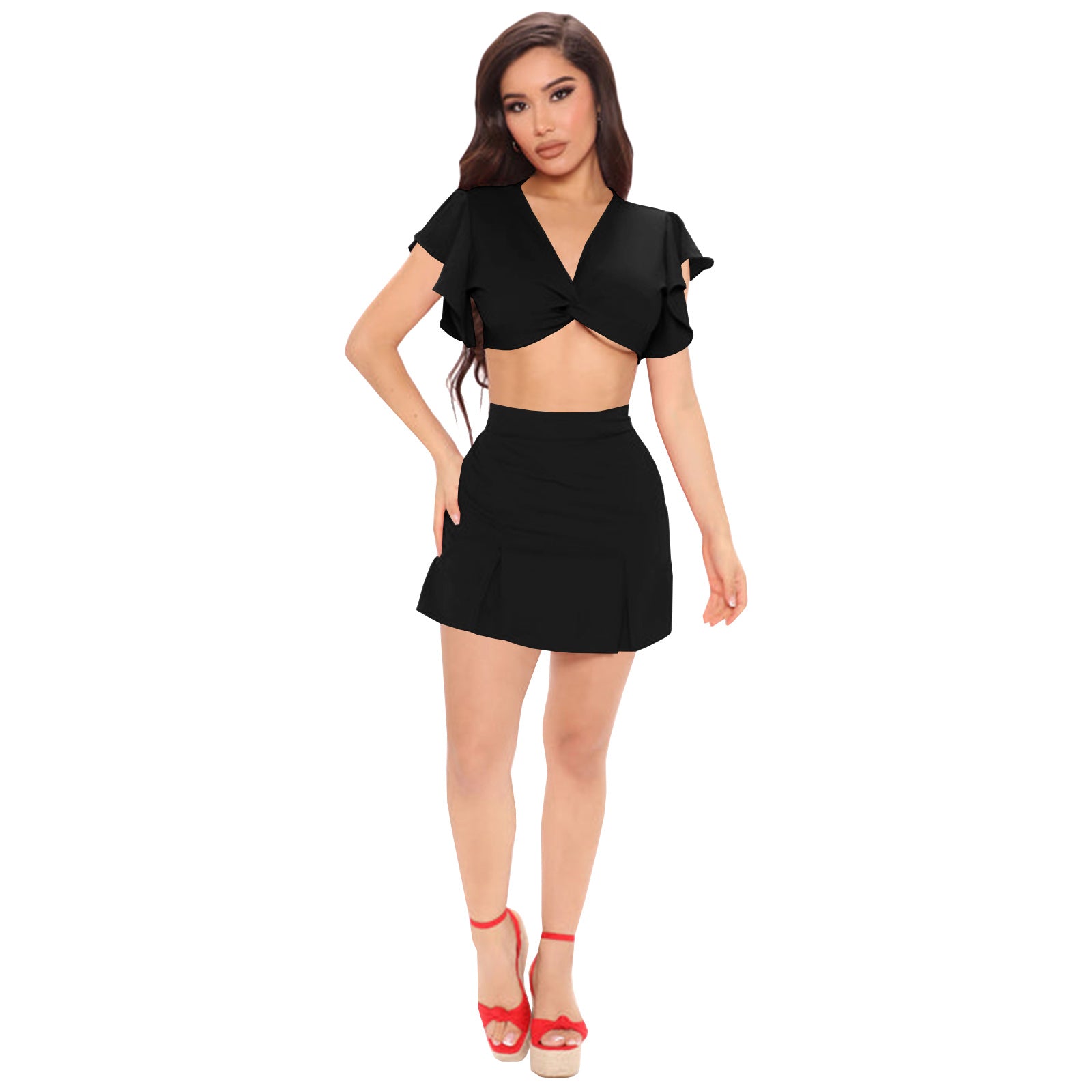 L286598 Sexy Wrapped Ruffled Hakama Two Piece Skort Set