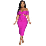 L36879 Sexy Off Shoulder Cutout Pleated Slit Midi Dress
