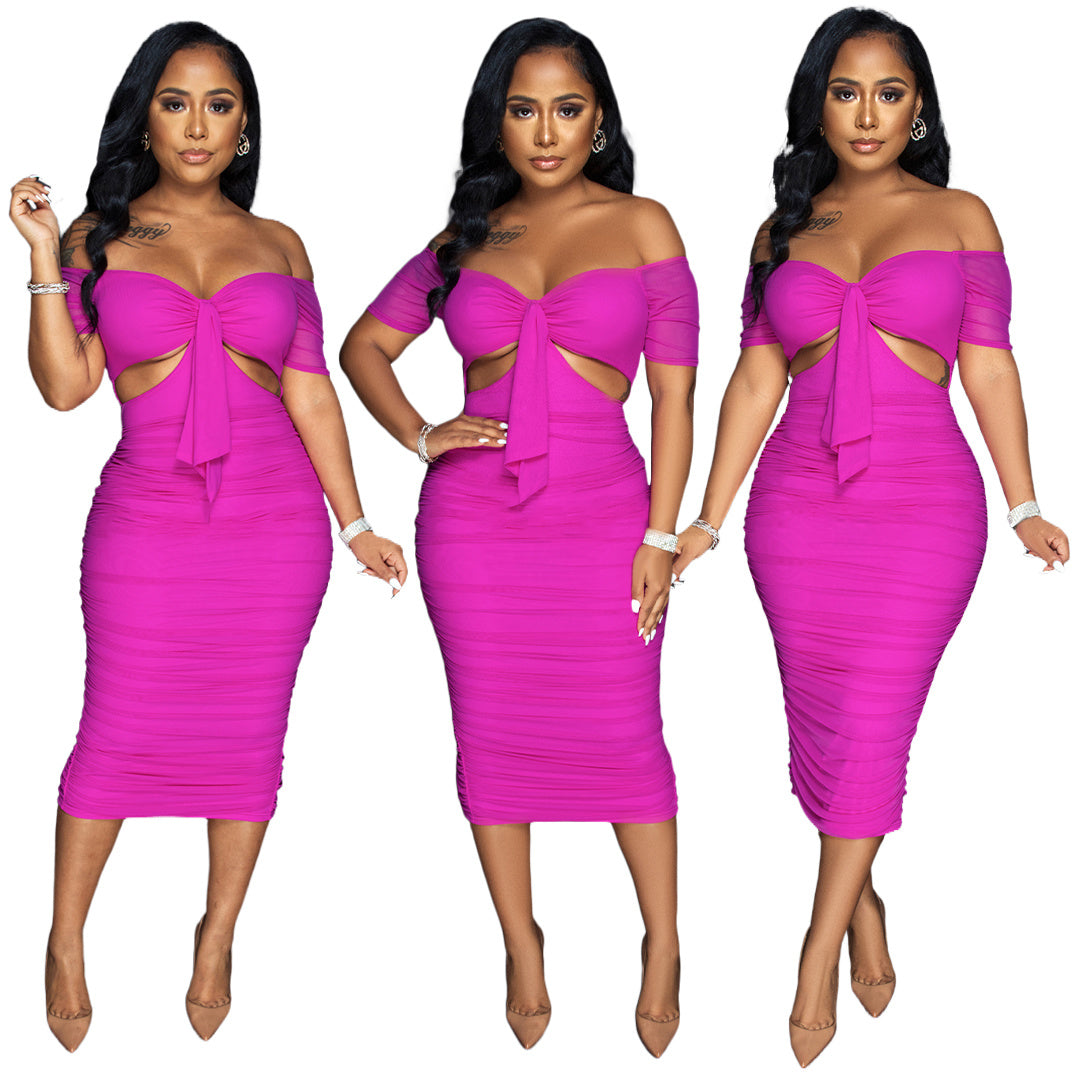 L36879 Sexy Off Shoulder Cutout Pleated Slit Midi Dress