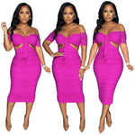 L36879 Sexy Off Shoulder Cutout Pleated Slit Midi Dress