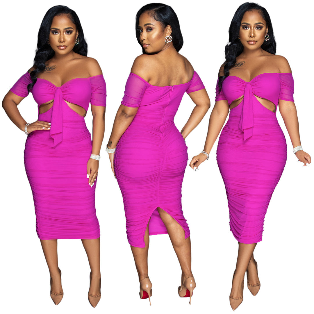 L36879 Sexy Off Shoulder Cutout Pleated Slit Midi Dress
