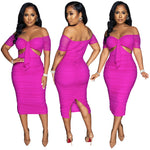 L36879 Sexy Off Shoulder Cutout Pleated Slit Midi Dress